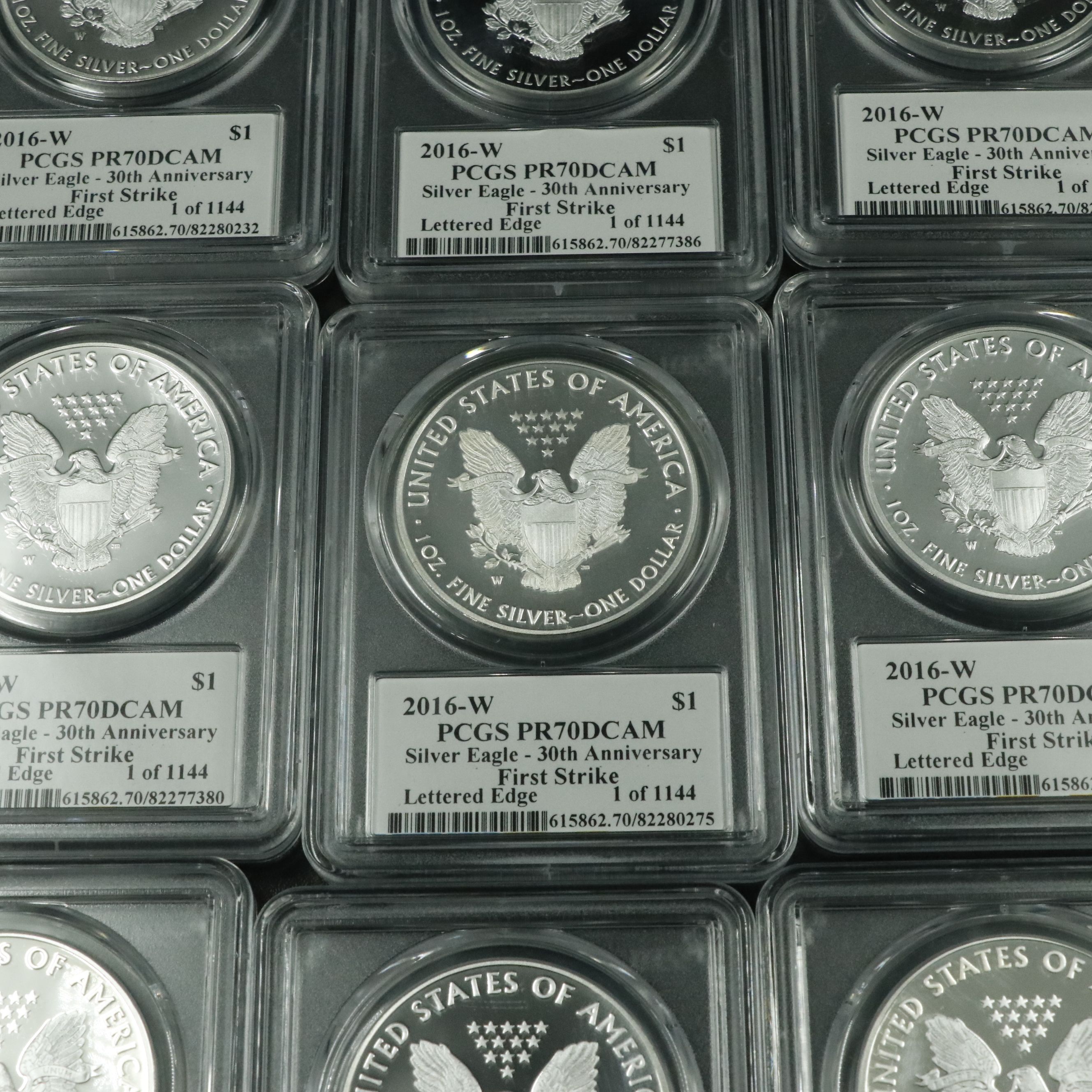 Eleven PCGS PR70DCAM Moy Signed 2016-W $1 U.S. Silver Eagles