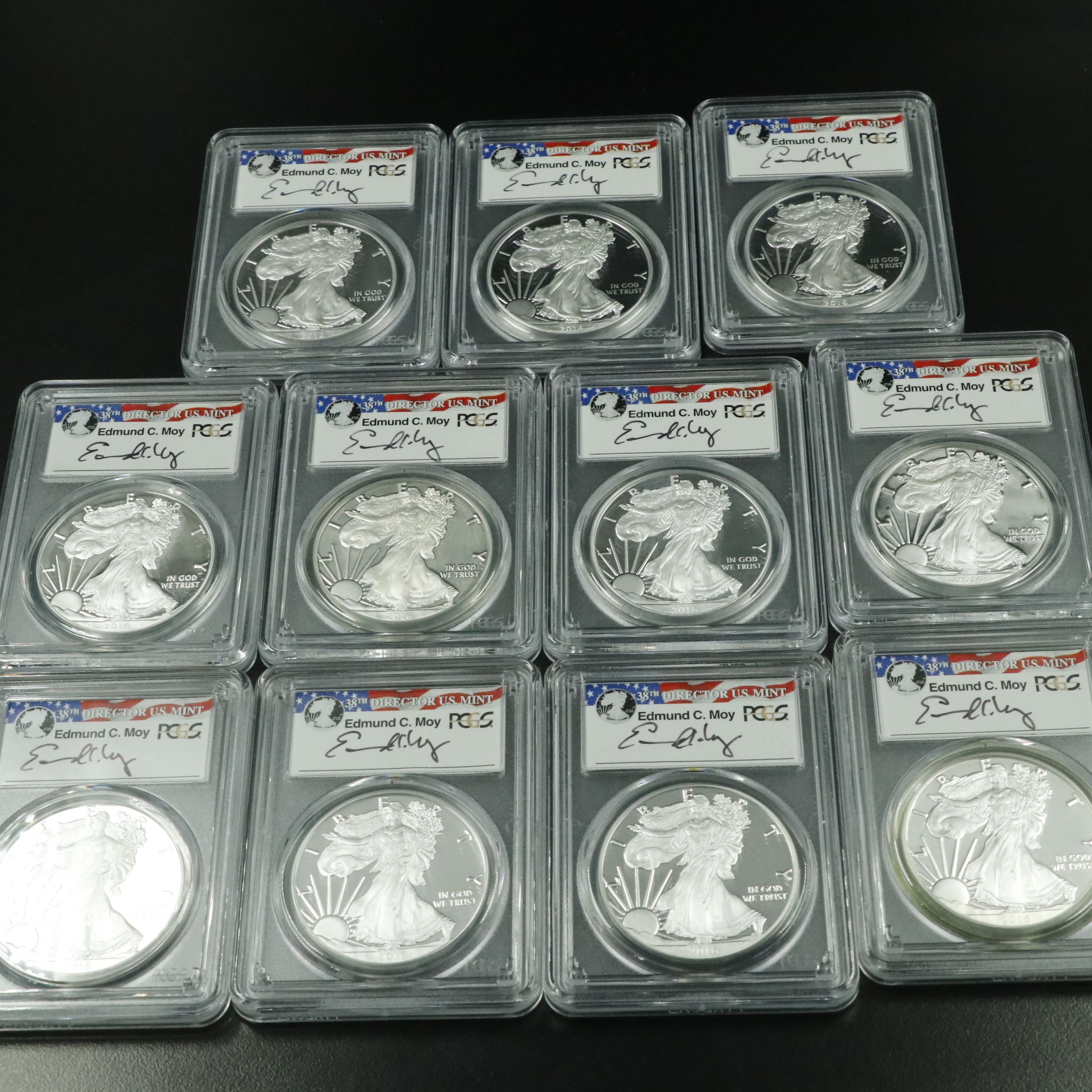 Eleven PCGS PR70DCAM Moy Signed 2016-W $1 U.S. Silver Eagles