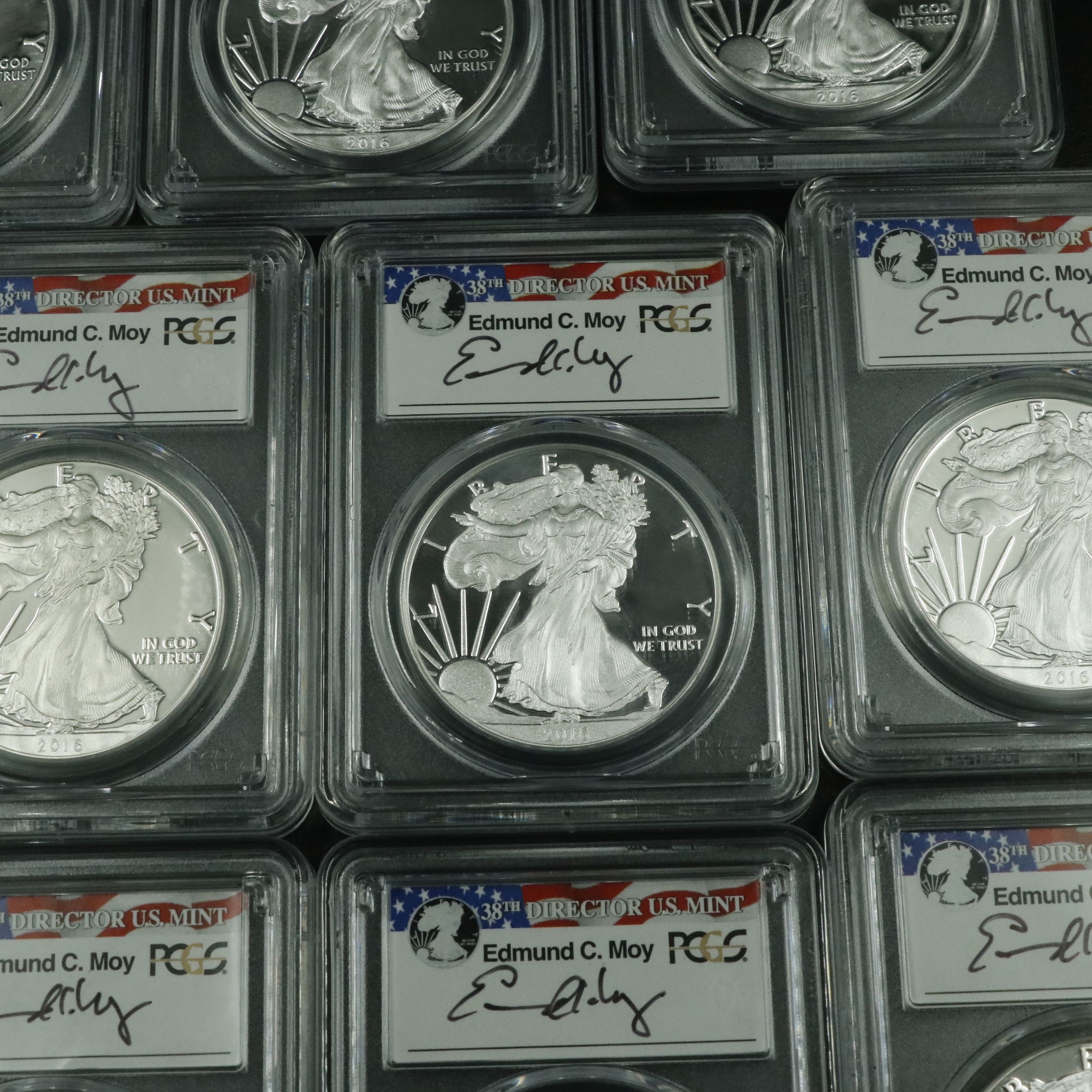 Eleven PCGS PR70DCAM Moy Signed 2016-W $1 U.S. Silver Eagles