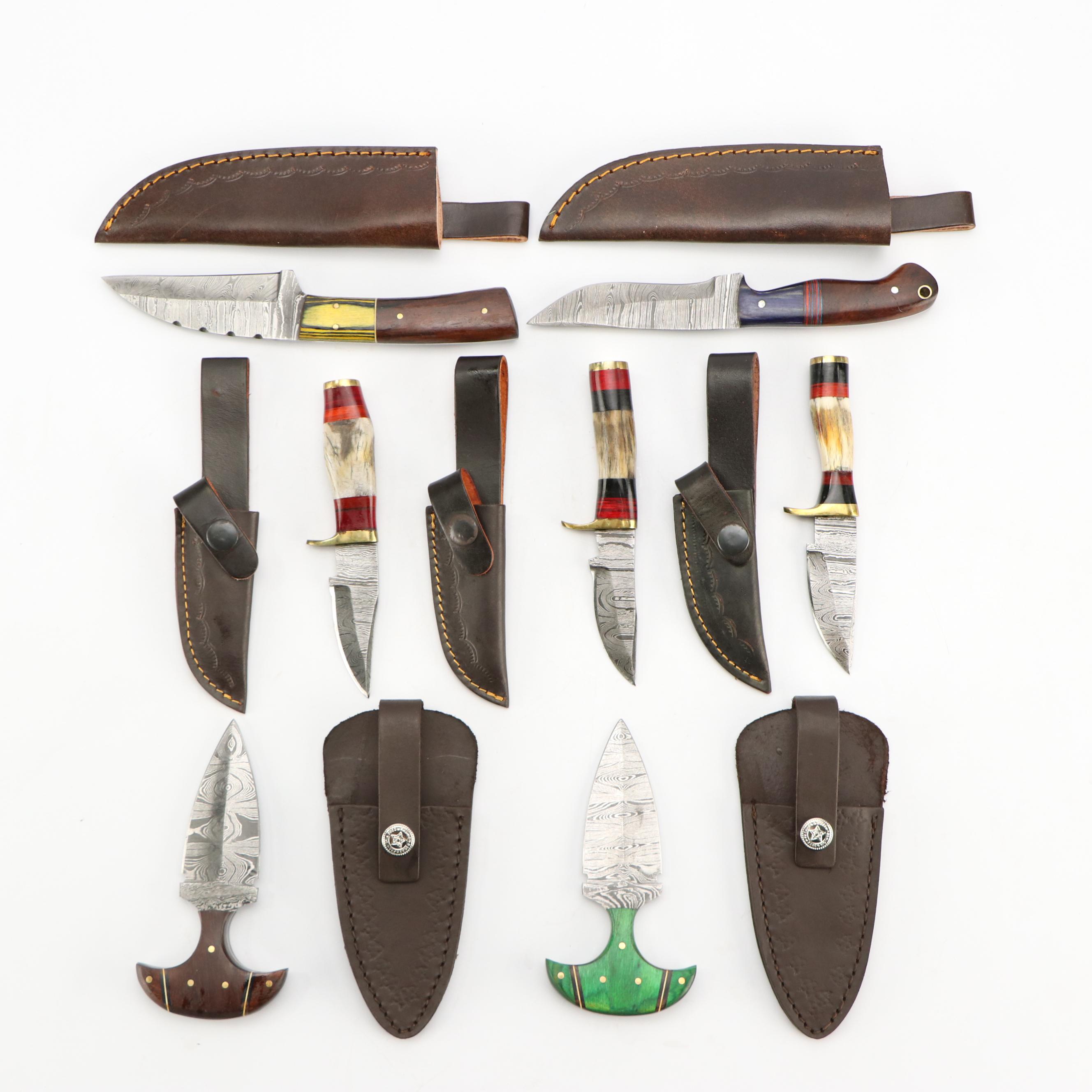 Damascus Steel Hunting and Skinner Knives in Leather Scabbards