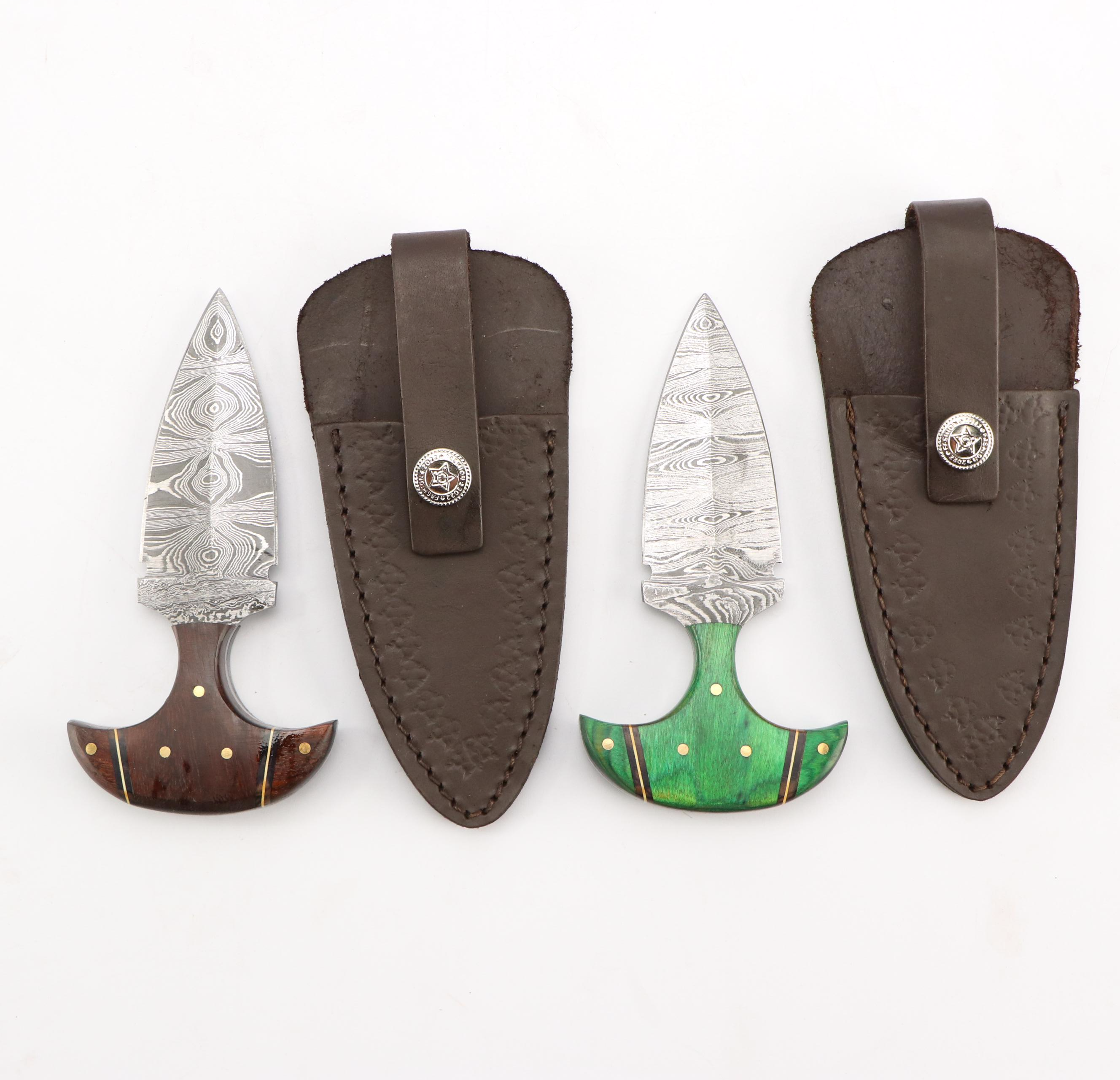 Damascus Steel Hunting and Skinner Knives in Leather Scabbards