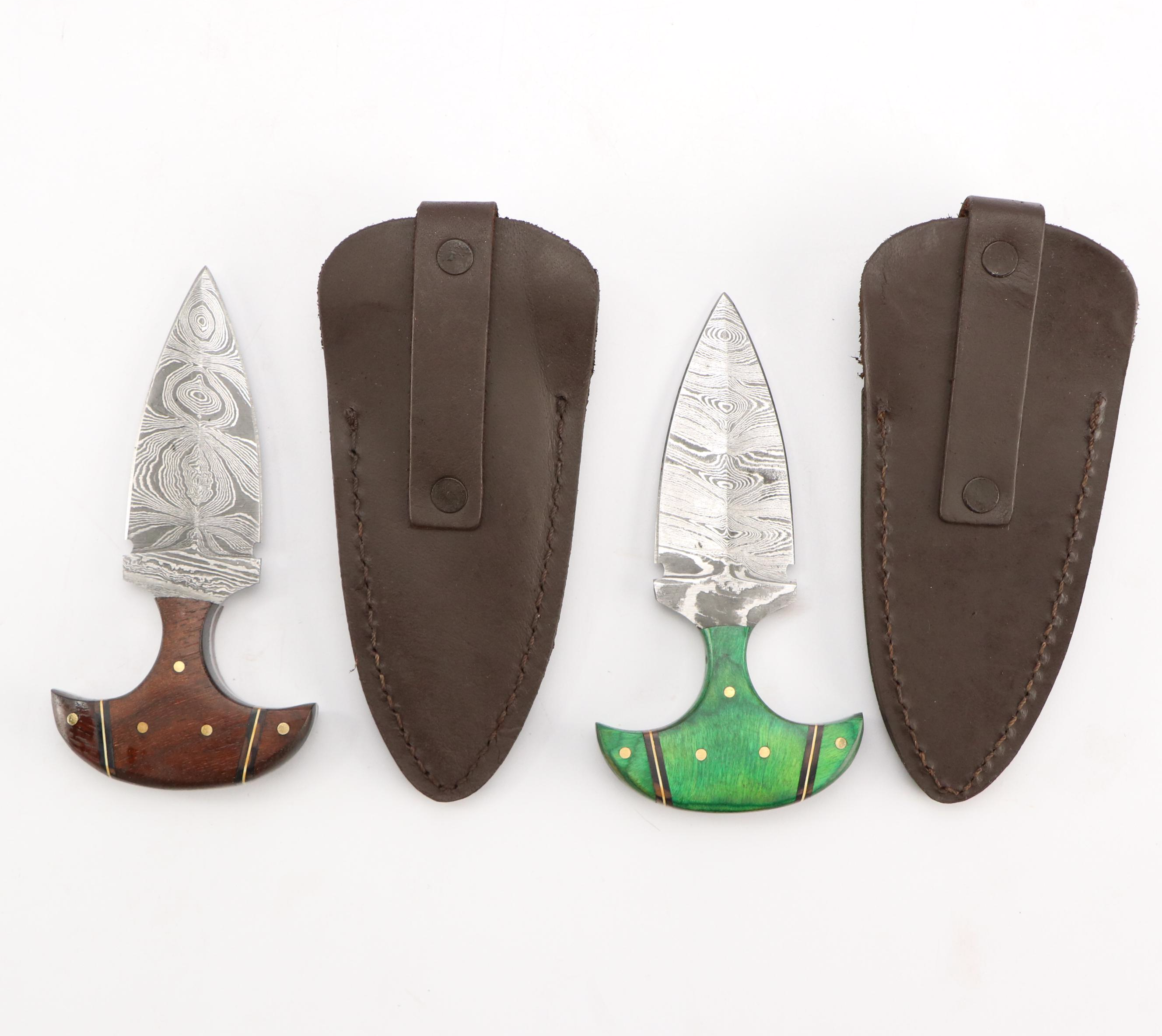 Damascus Steel Hunting and Skinner Knives in Leather Scabbards