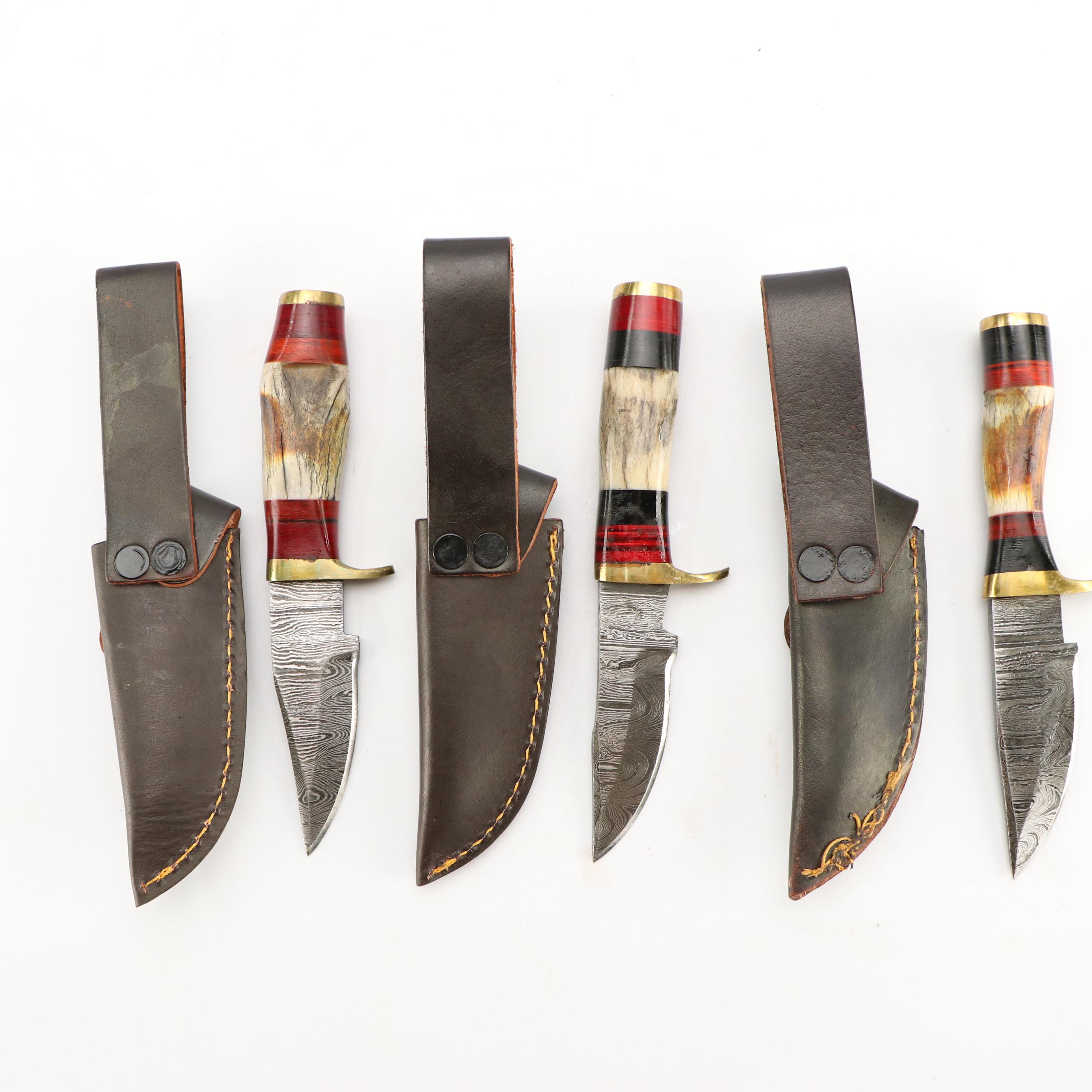 Damascus Steel Hunting and Skinner Knives in Leather Scabbards