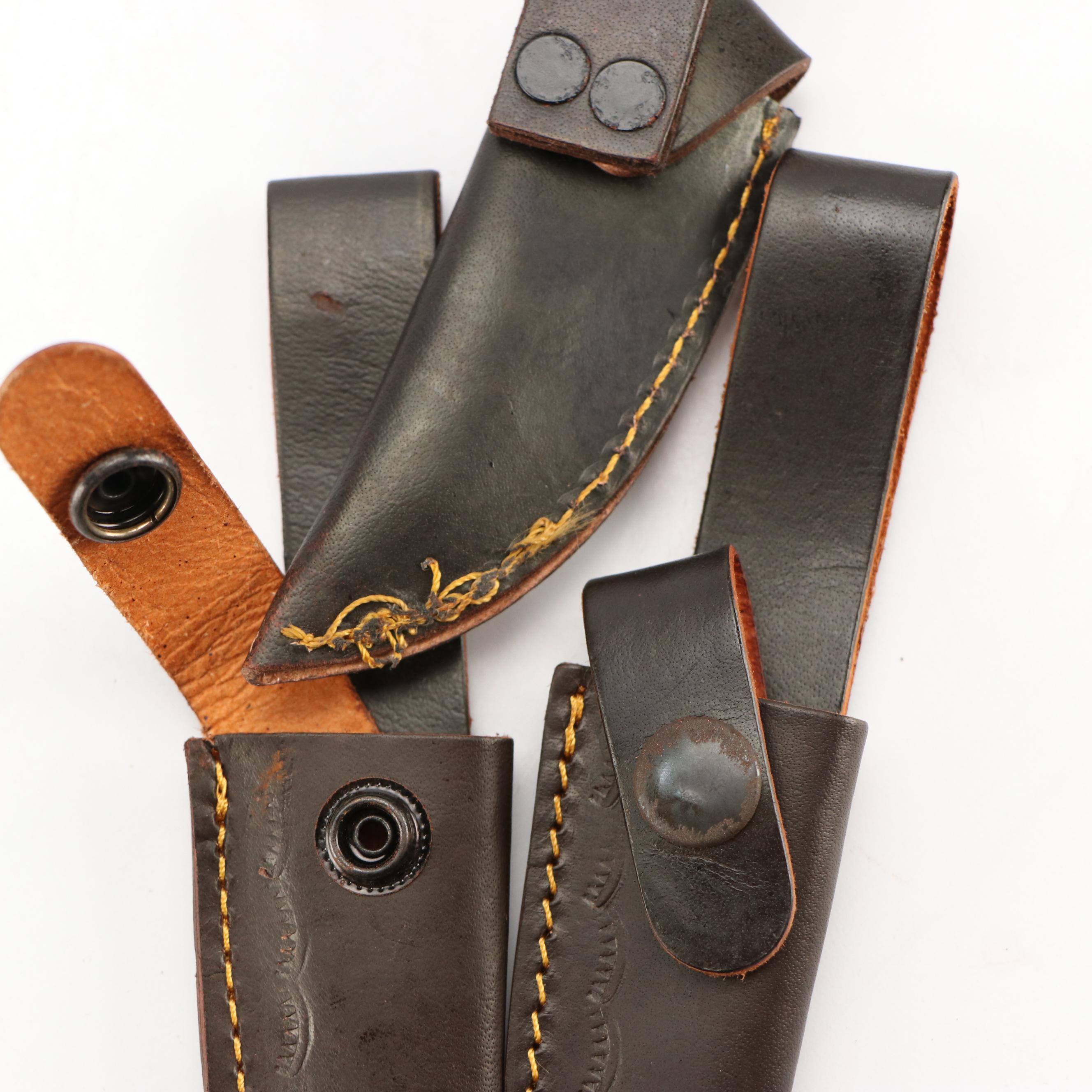 Damascus Steel Hunting and Skinner Knives in Leather Scabbards