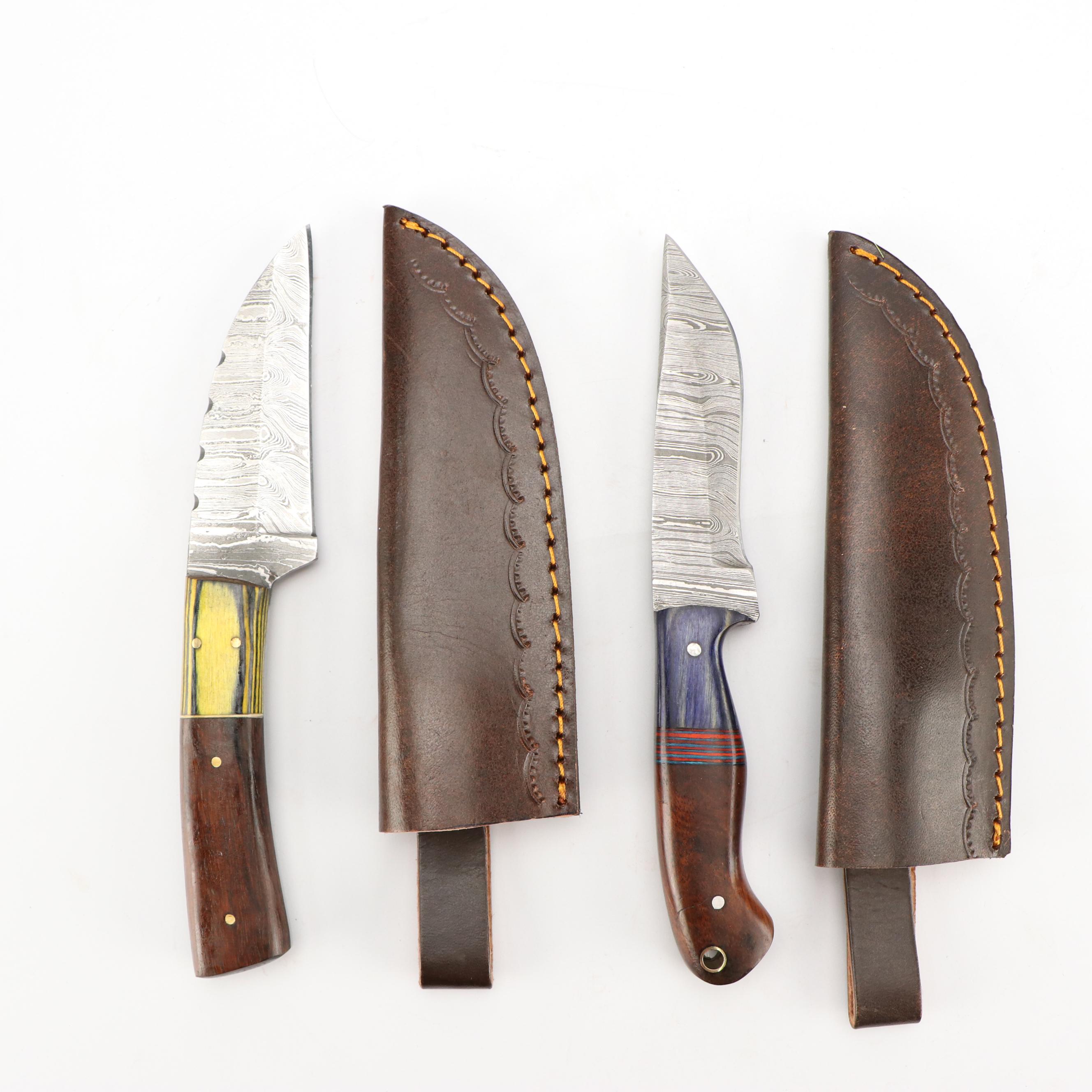 Damascus Steel Hunting and Skinner Knives in Leather Scabbards