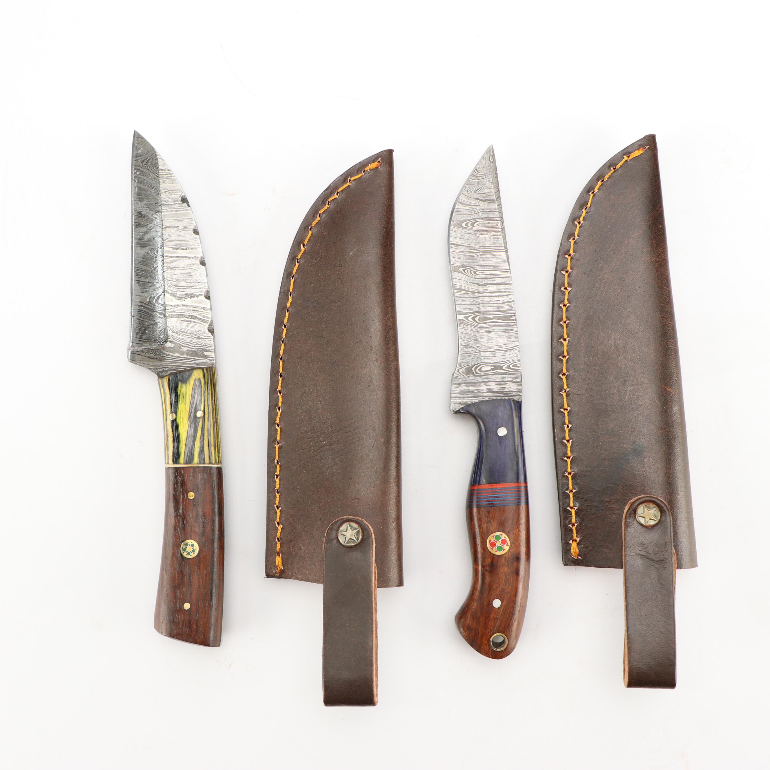 Damascus Steel Hunting and Skinner Knives in Leather Scabbards