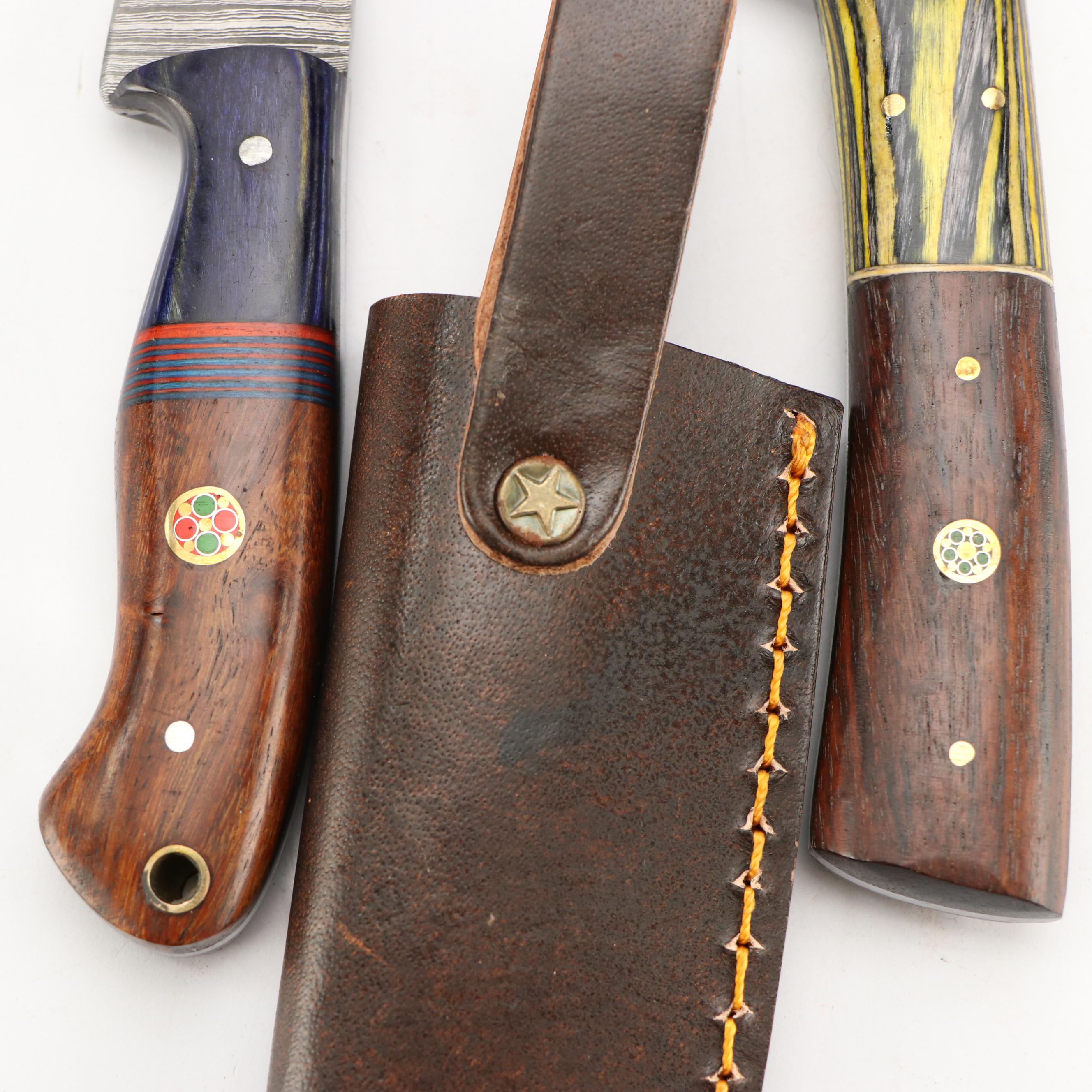 Damascus Steel Hunting and Skinner Knives in Leather Scabbards