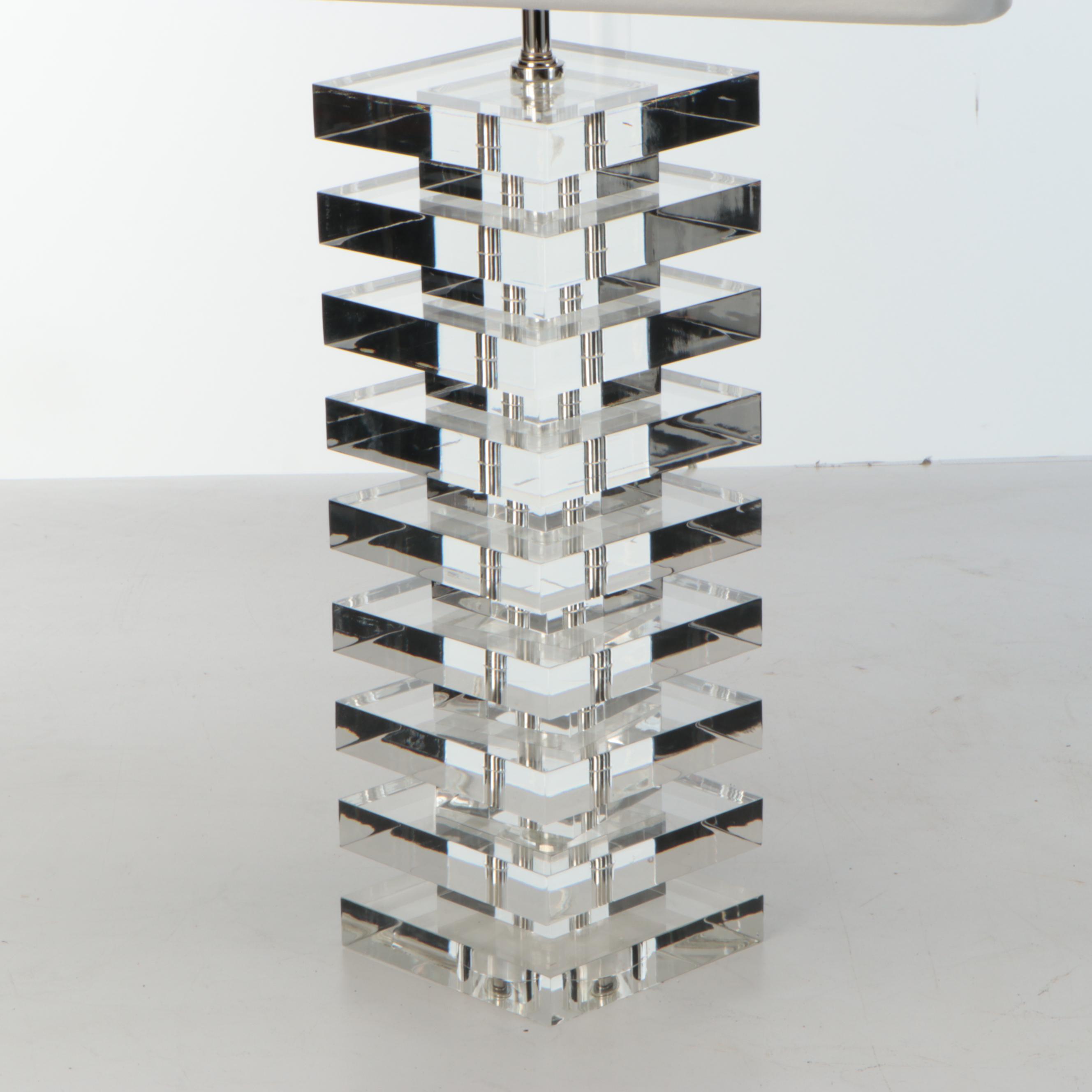 Stacked Acrylic Tower Table Lamp with Banded Silk Shade, 21st C