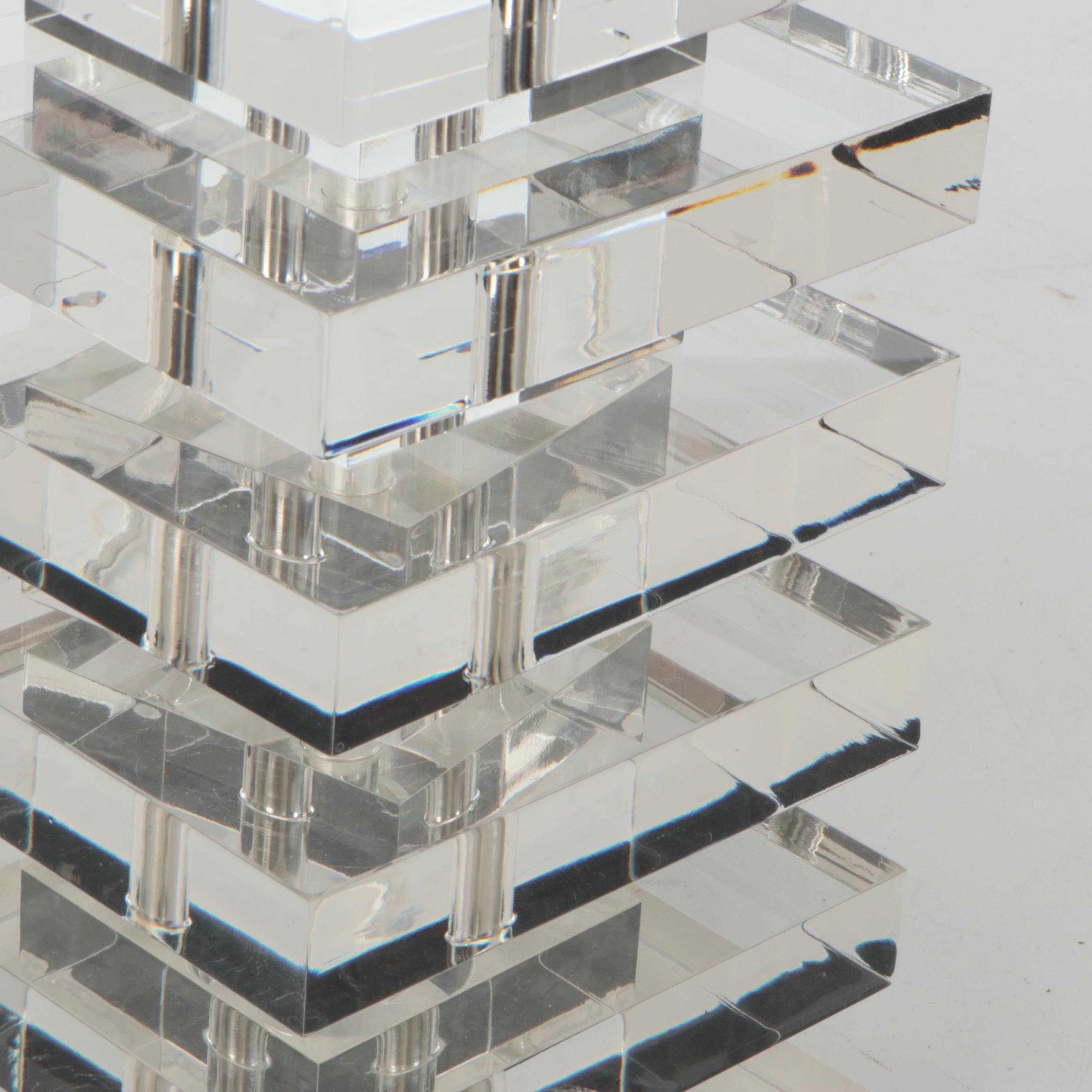 Stacked Acrylic Tower Table Lamp with Banded Silk Shade, 21st C