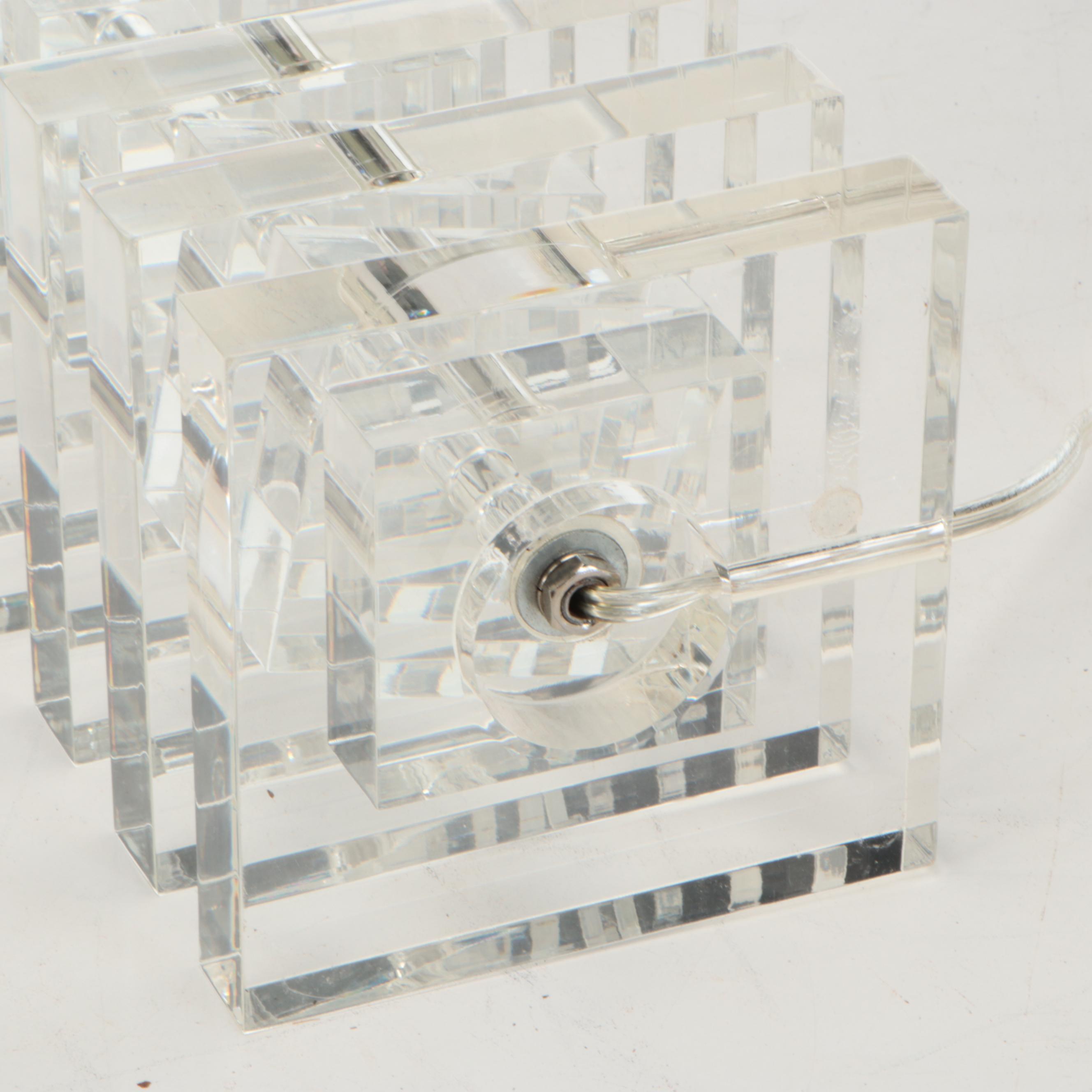 Stacked Acrylic Tower Table Lamp with Banded Silk Shade, 21st C