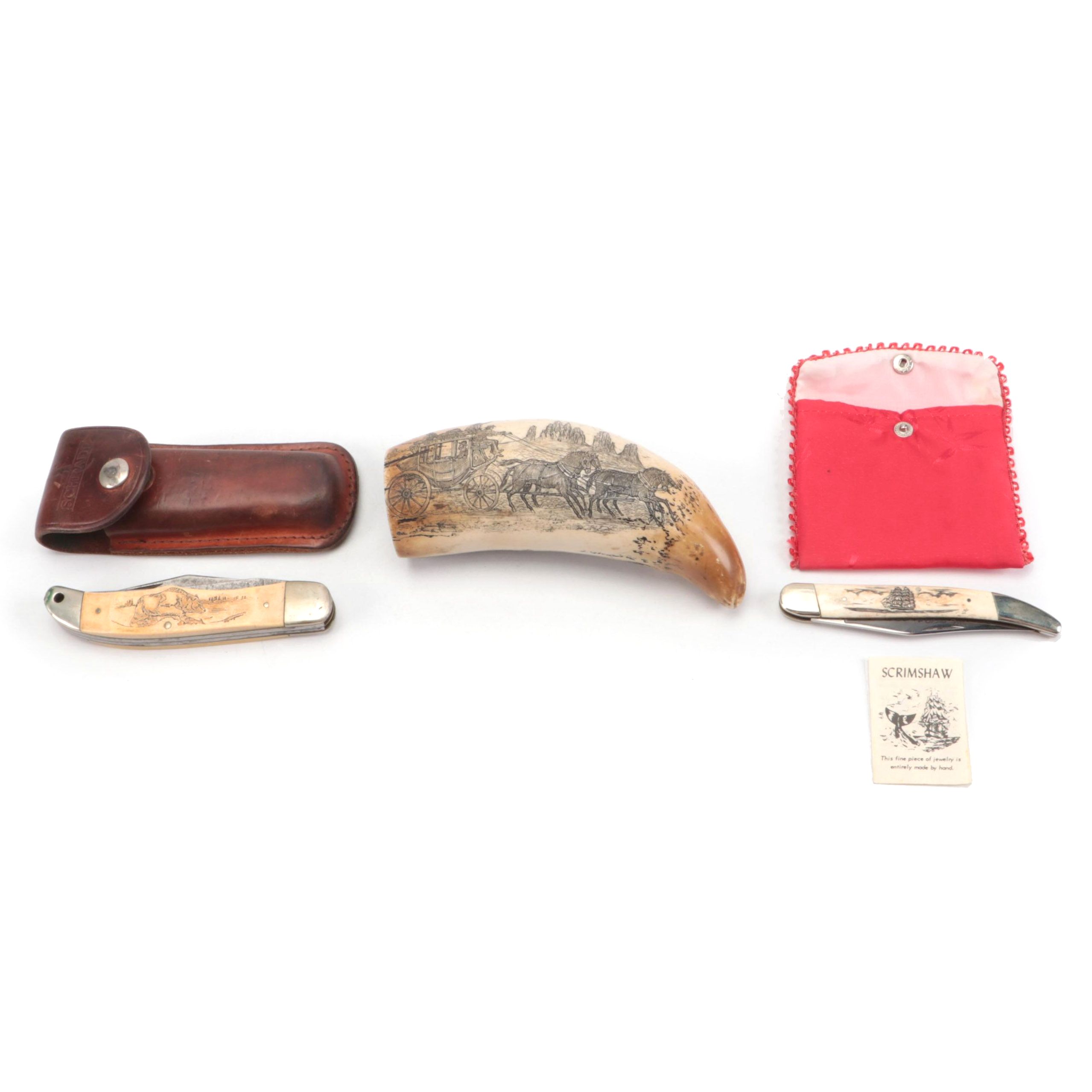 National Bone Handle and Schrade Antler Handle Pocket Knives with Whale Tooth