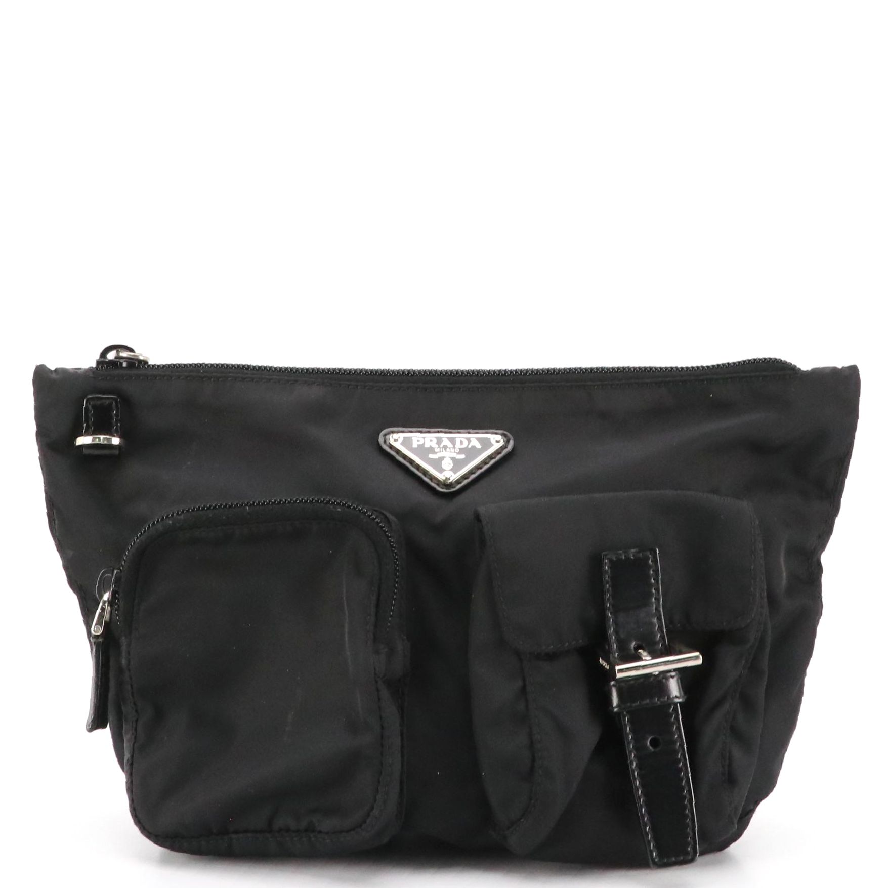Prada Front Double Pocket Zip Clutch in Black Tessuto Nylon and Leather