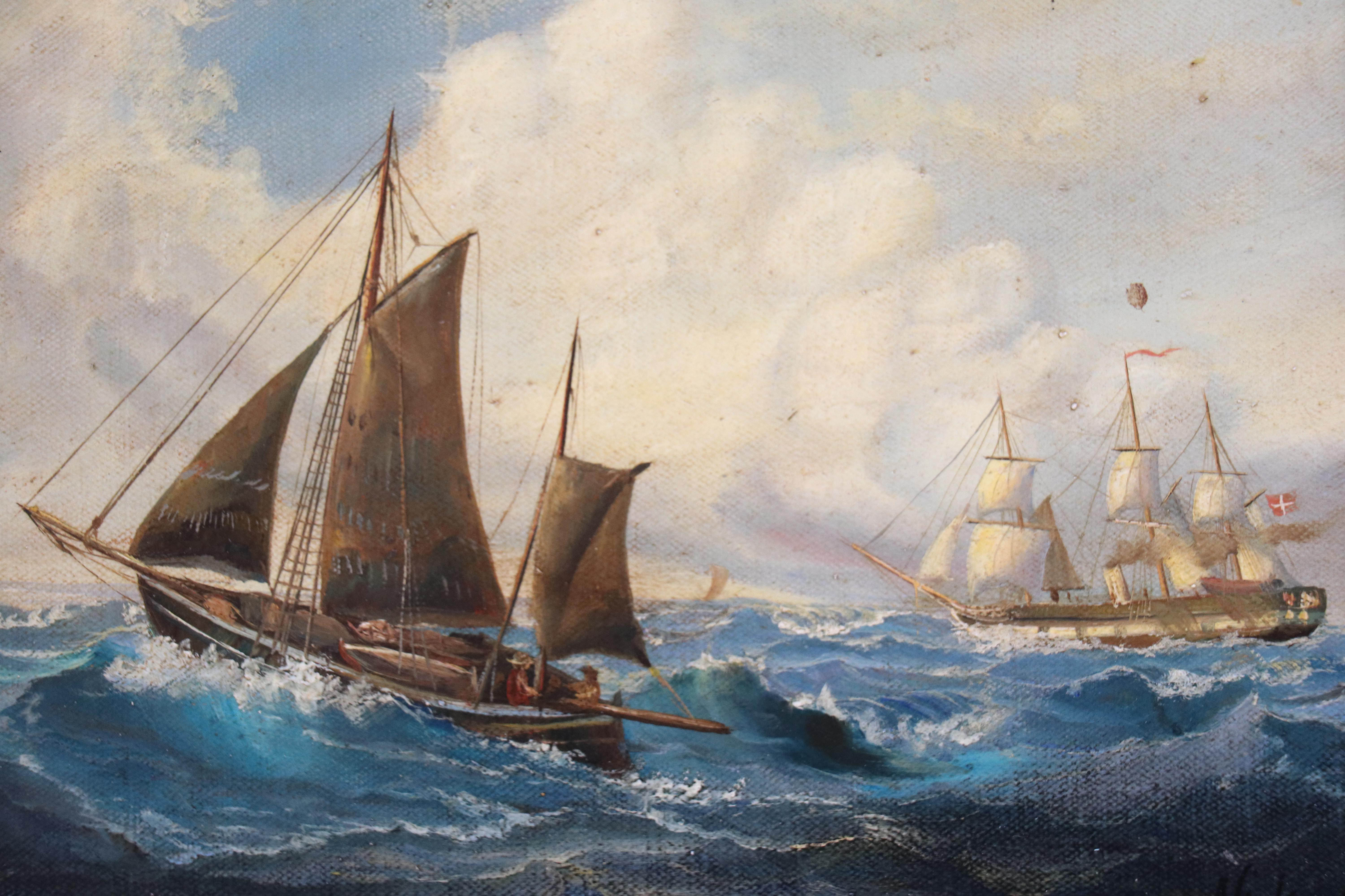 Eric Nialson Maritime Oil Painting with Sailing Ships, Early 20th Century