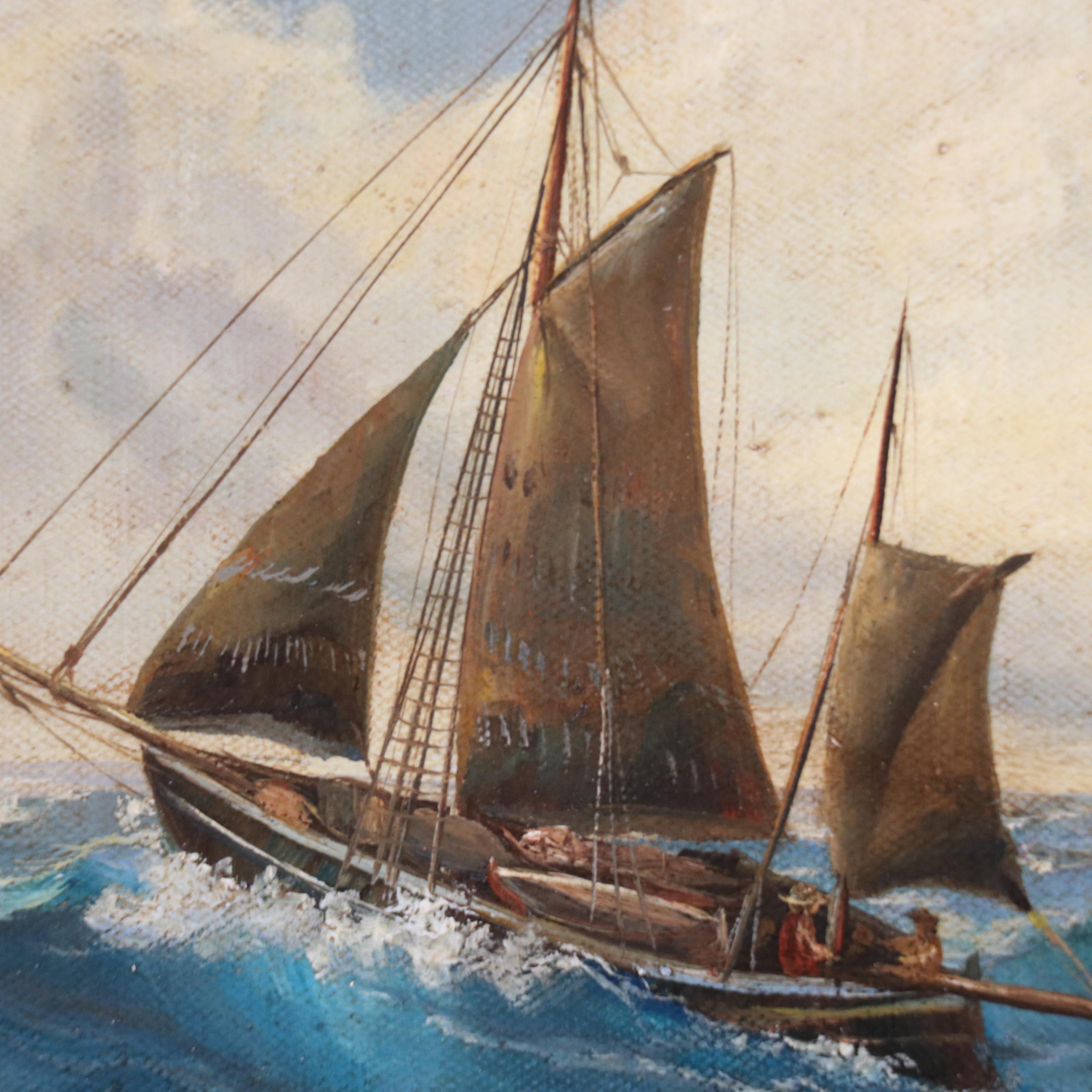 Eric Nialson Maritime Oil Painting with Sailing Ships, Early 20th Century