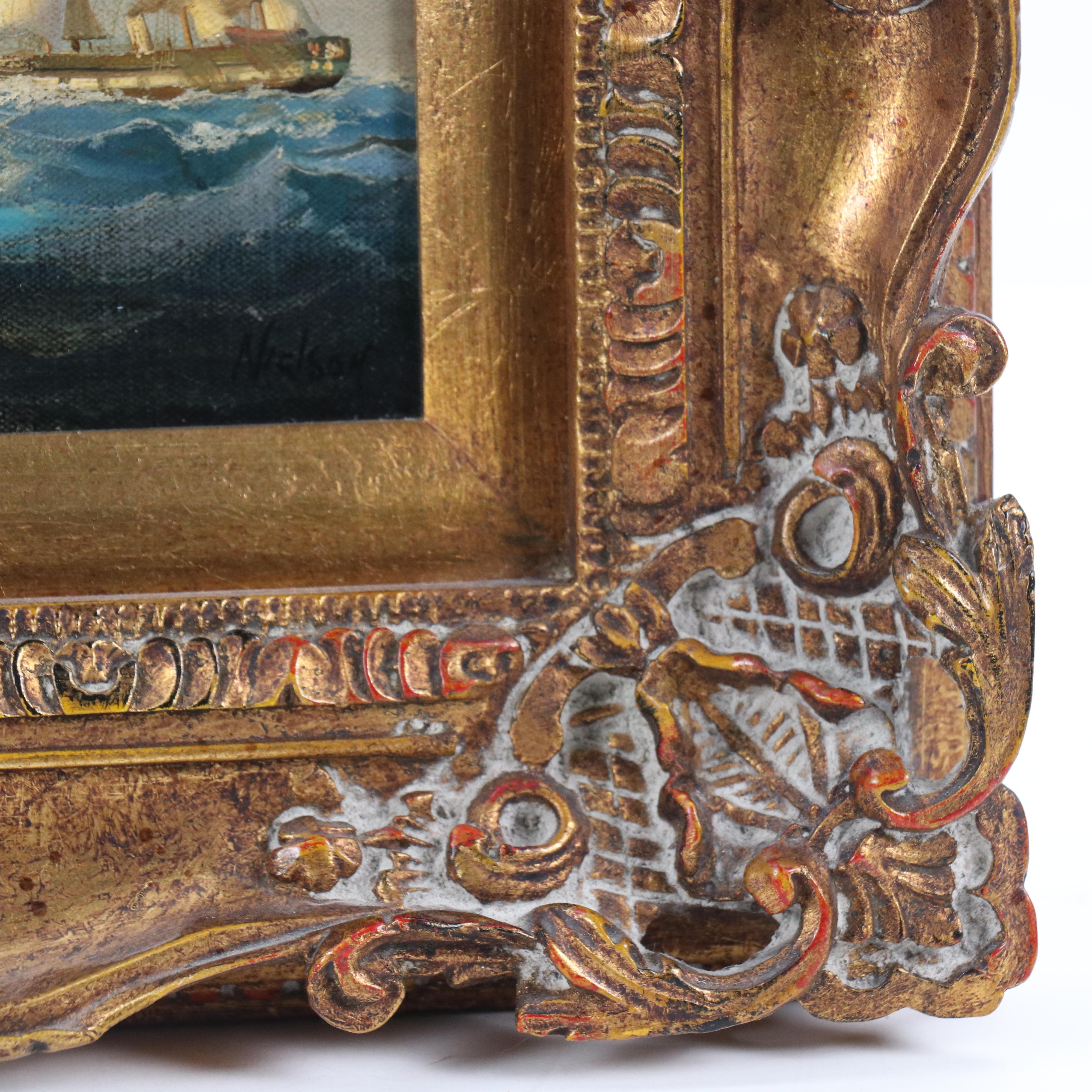 Eric Nialson Maritime Oil Painting with Sailing Ships, Early 20th Century