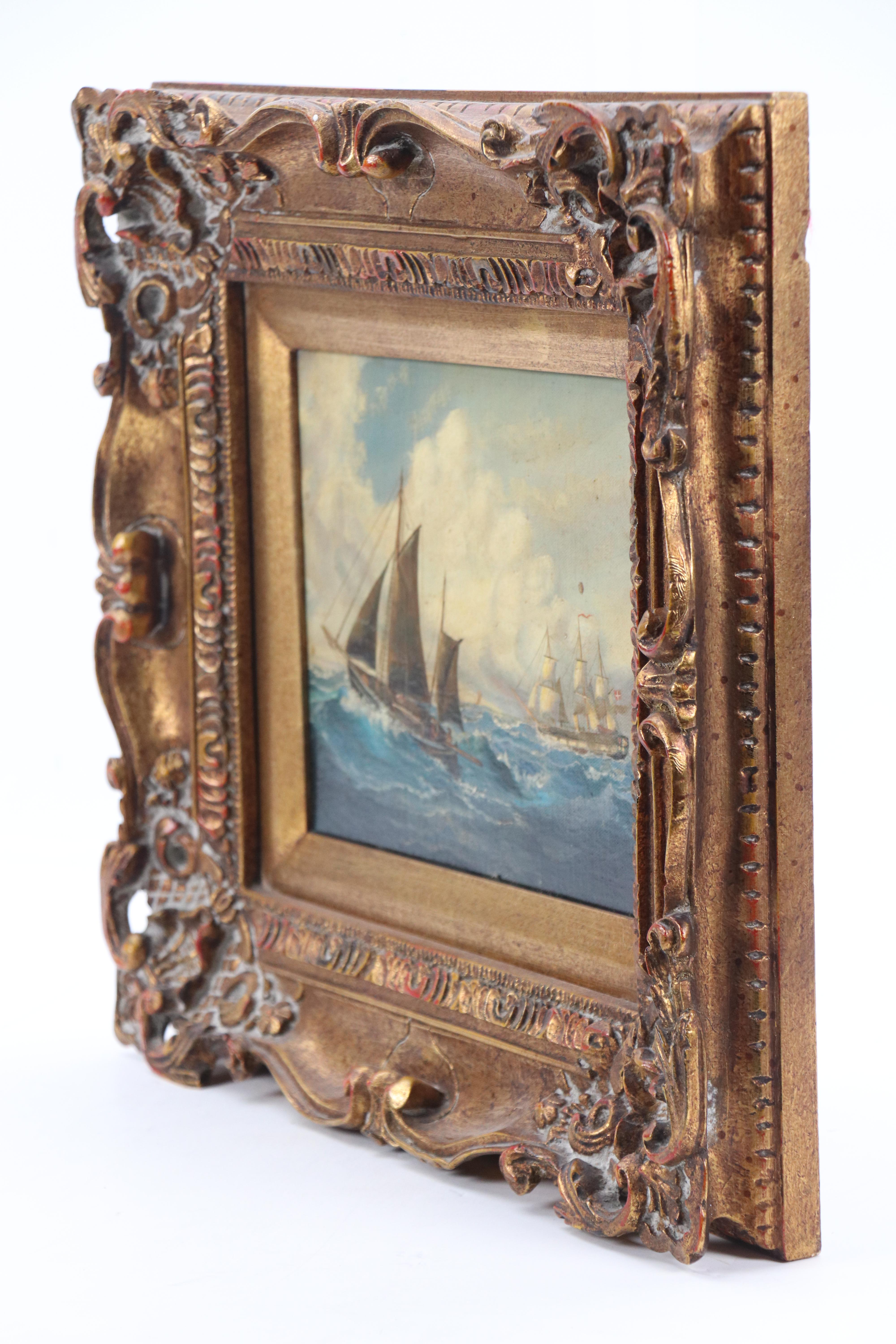 Eric Nialson Maritime Oil Painting with Sailing Ships, Early 20th Century