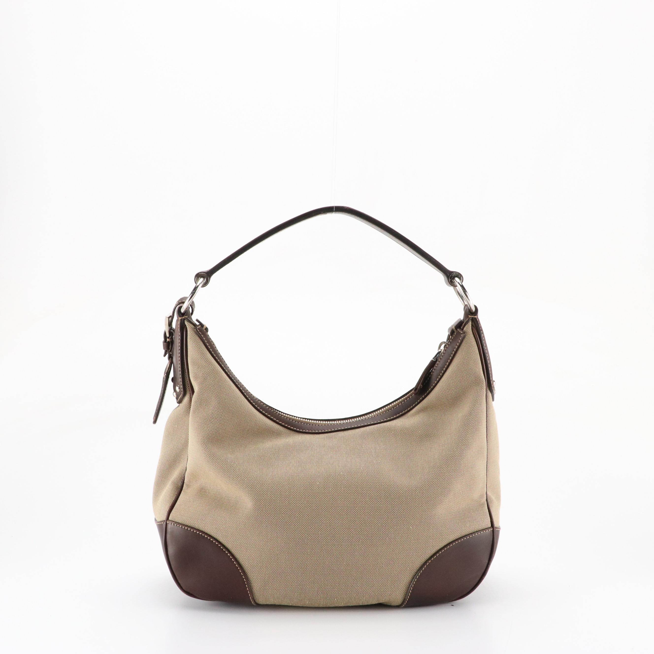 Prada Hobo Shoulder Bag in Logo Jacquard Canvas with Leather Trim