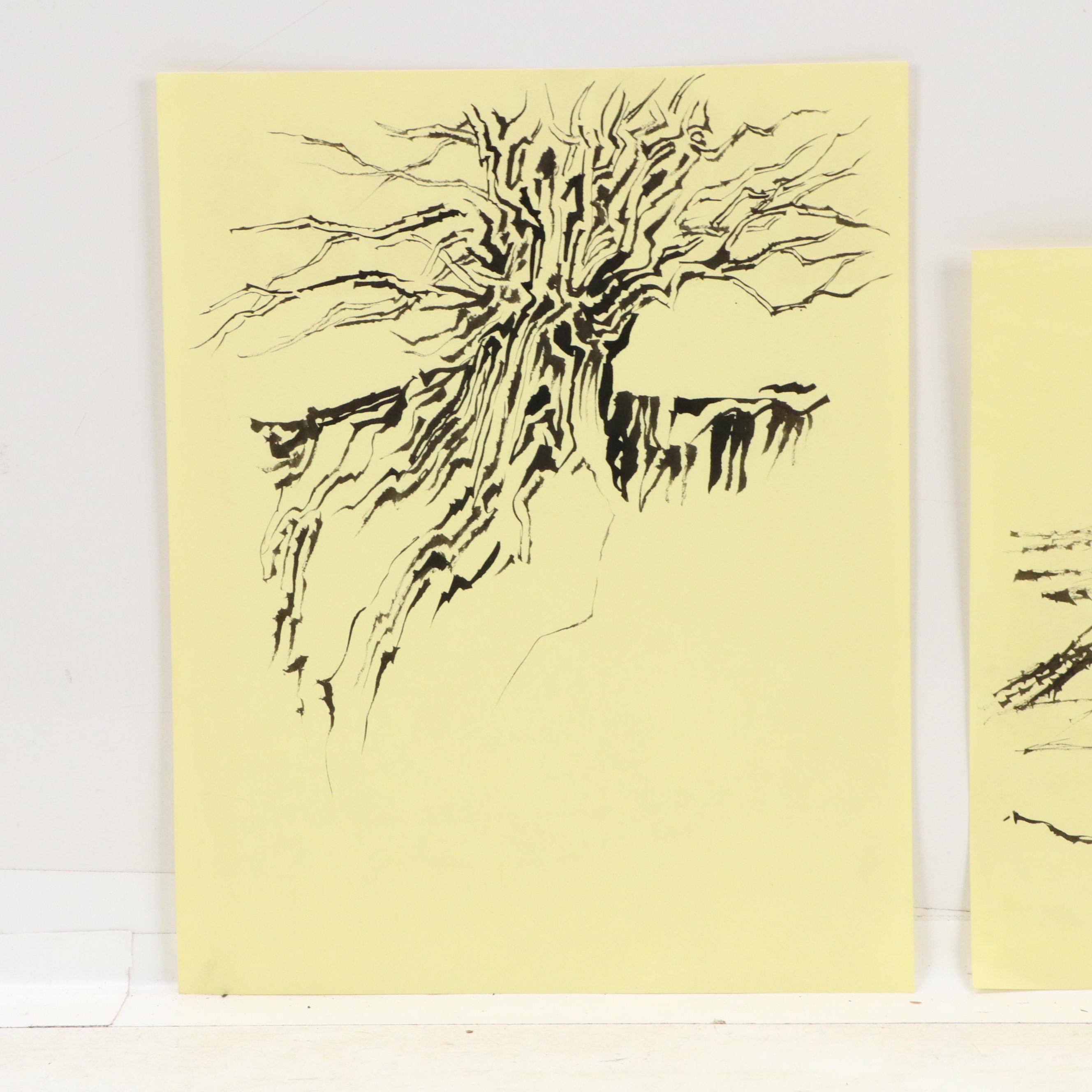 Leonard Maurer Ink Wash Drawings of Trees, Circa 1964