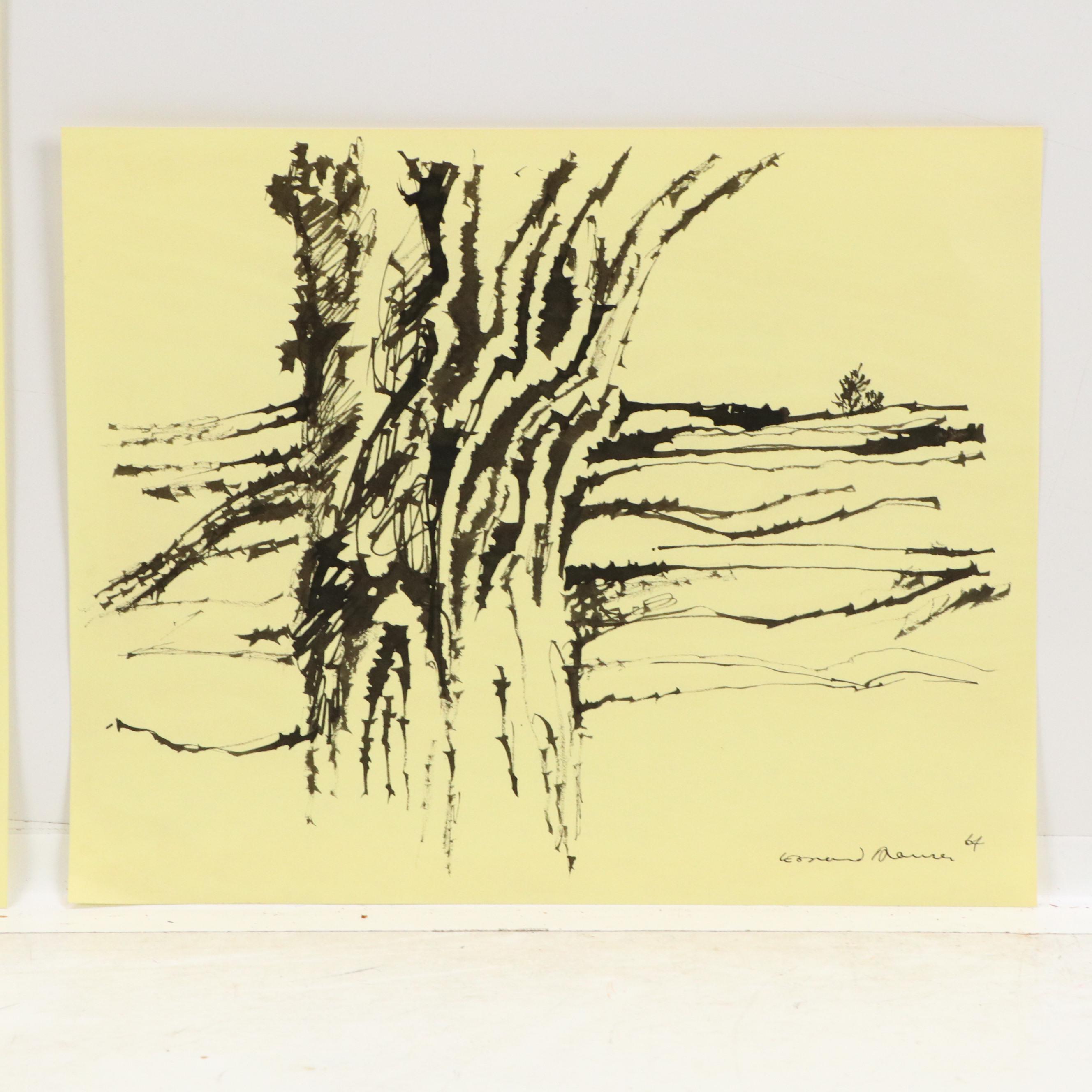 Leonard Maurer Ink Wash Drawings of Trees, Circa 1964