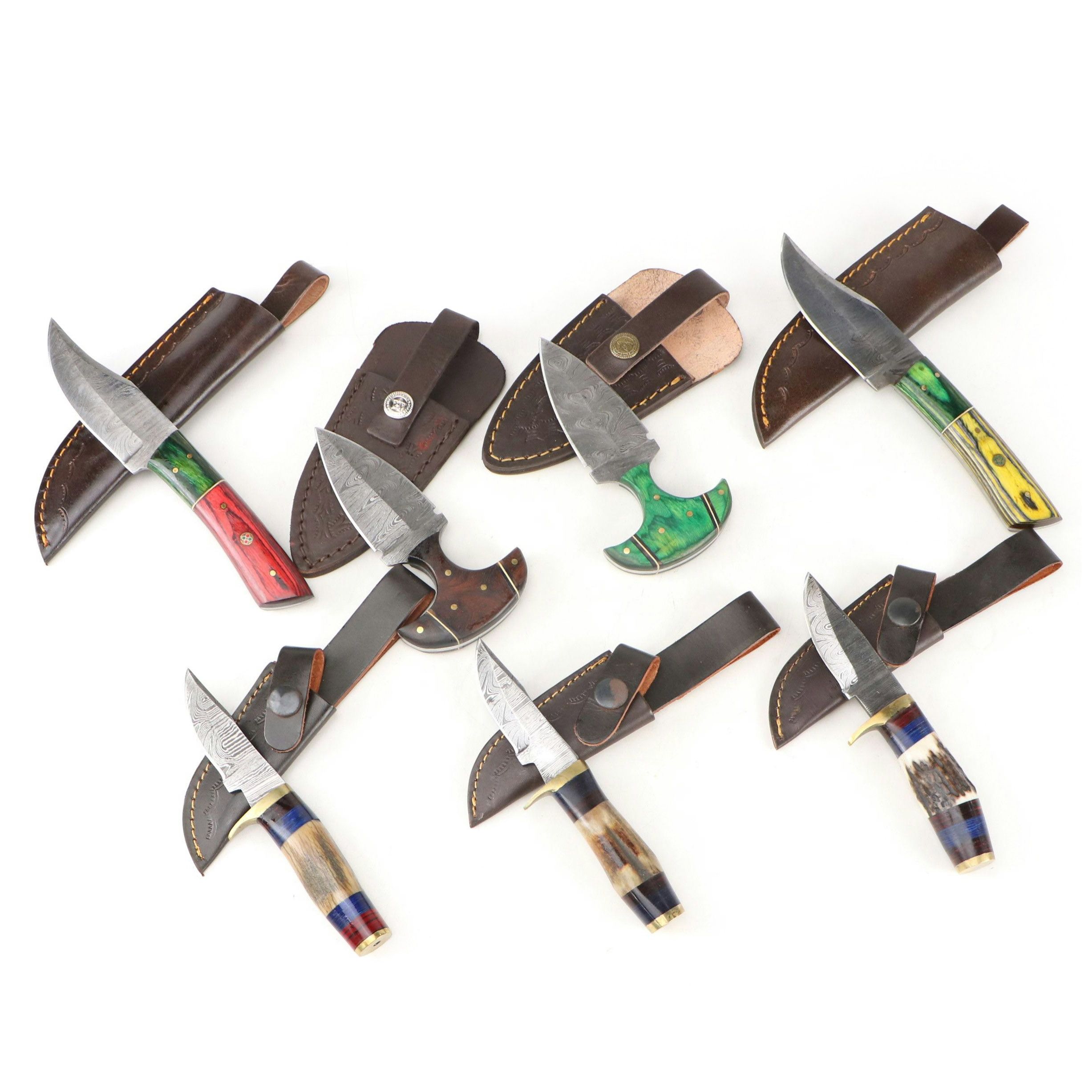 Damascus Steel Hunting and Skinner Knives in Leather Scabbards