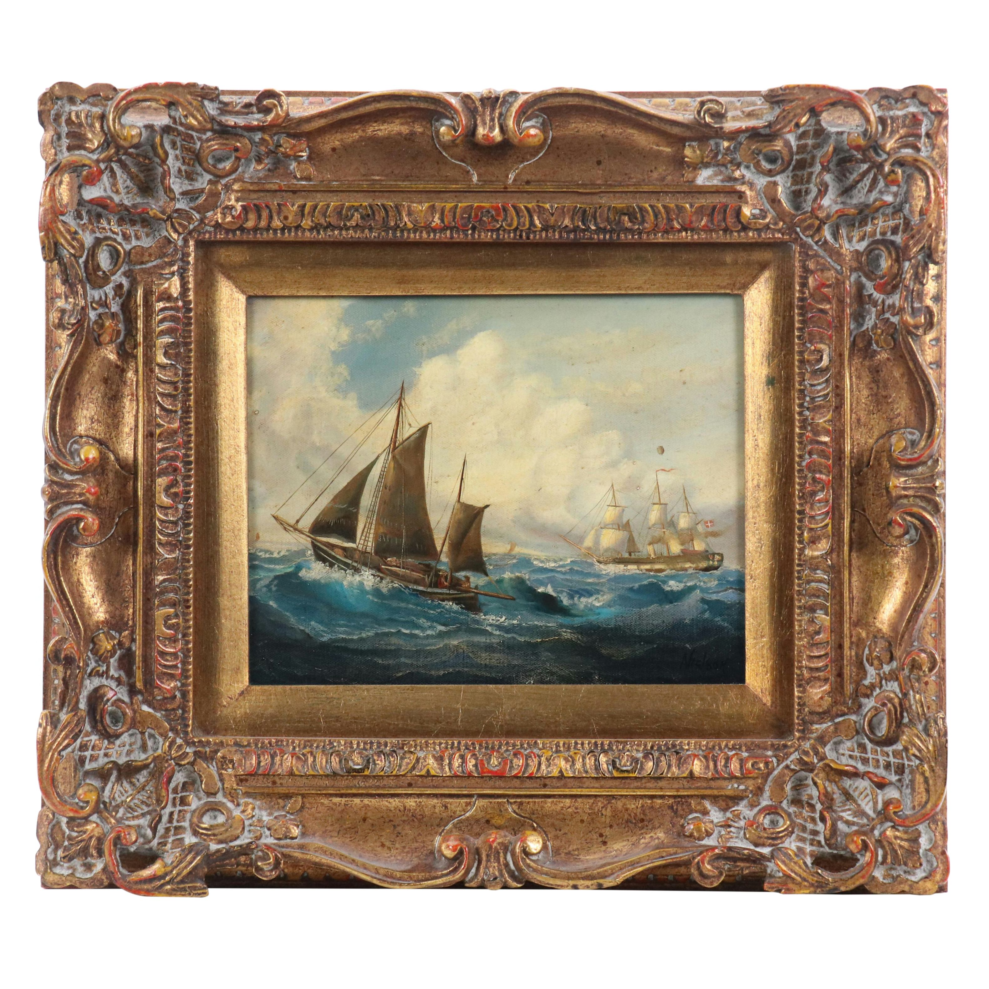 Eric Nialson Maritime Oil Painting with Sailing Ships, Early 20th Century