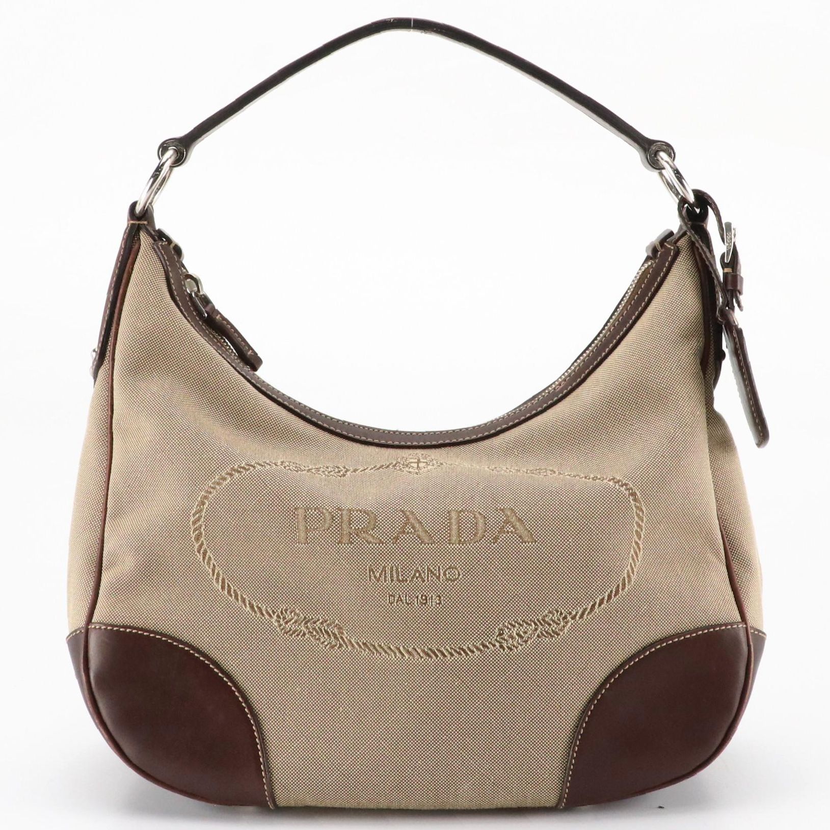 Prada Hobo Shoulder Bag in Logo Jacquard Canvas with Leather Trim