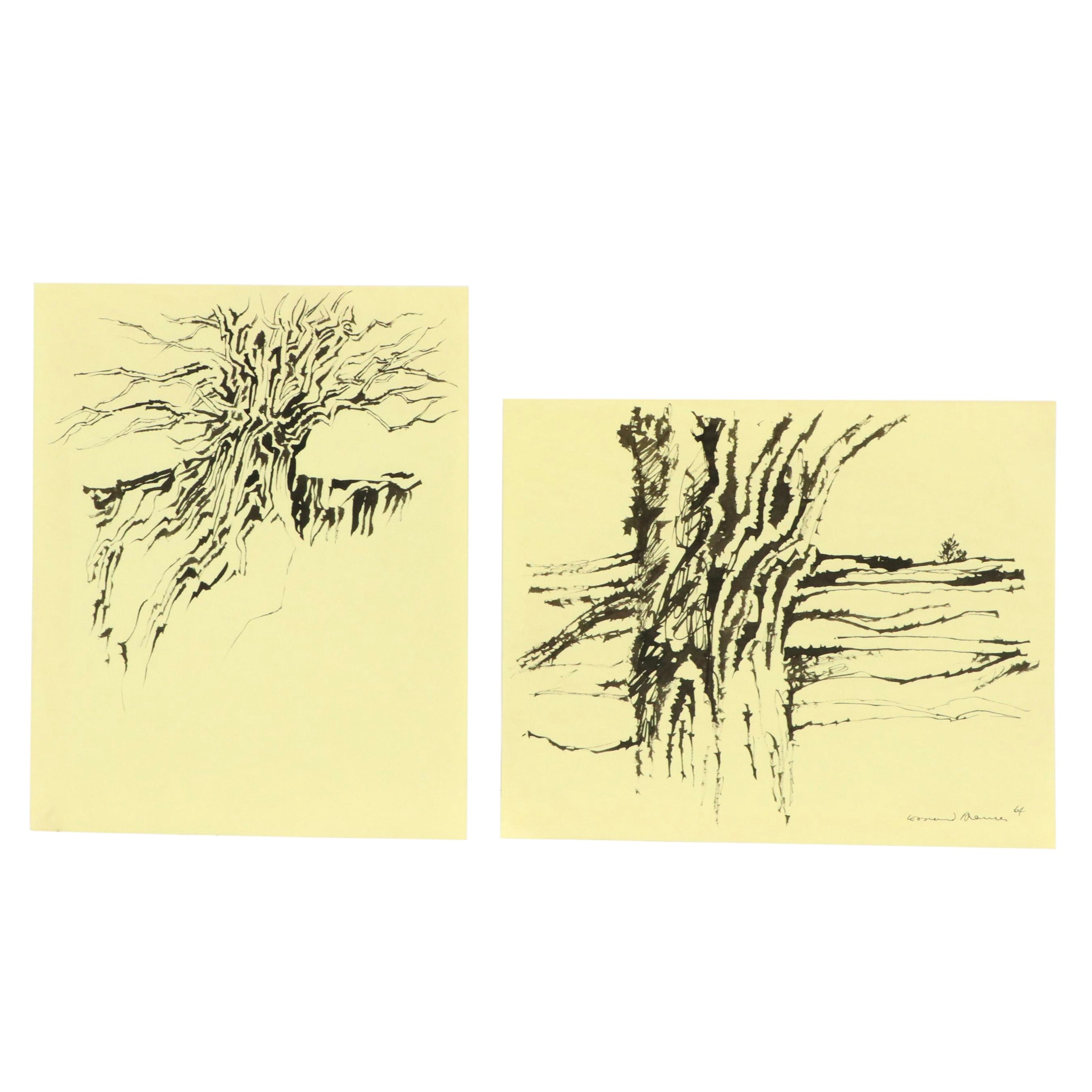 Leonard Maurer Ink Wash Drawings of Trees, Circa 1964