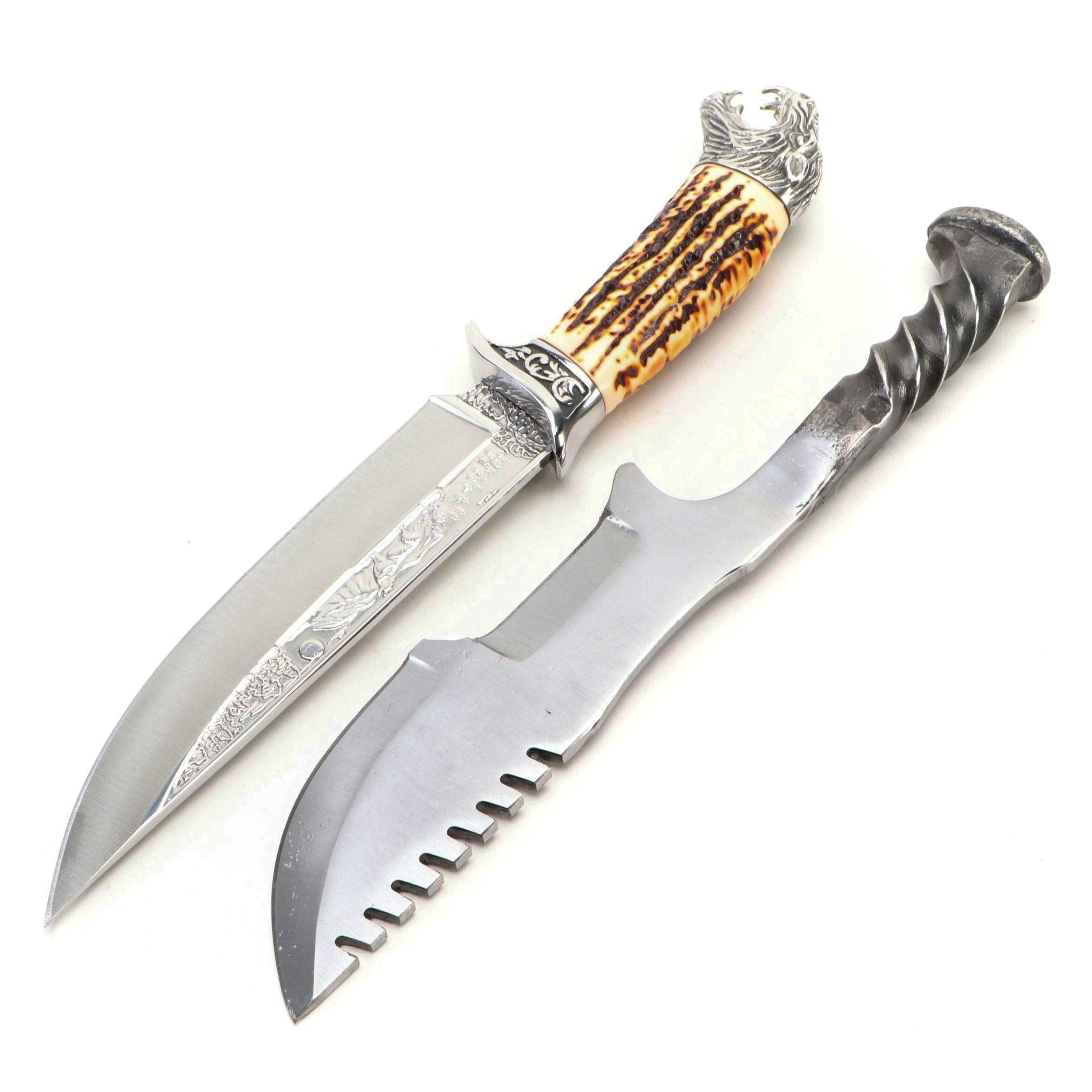 Wolf Head and and Twisted Metal Handled Fixed Blade Knives in Scabbards