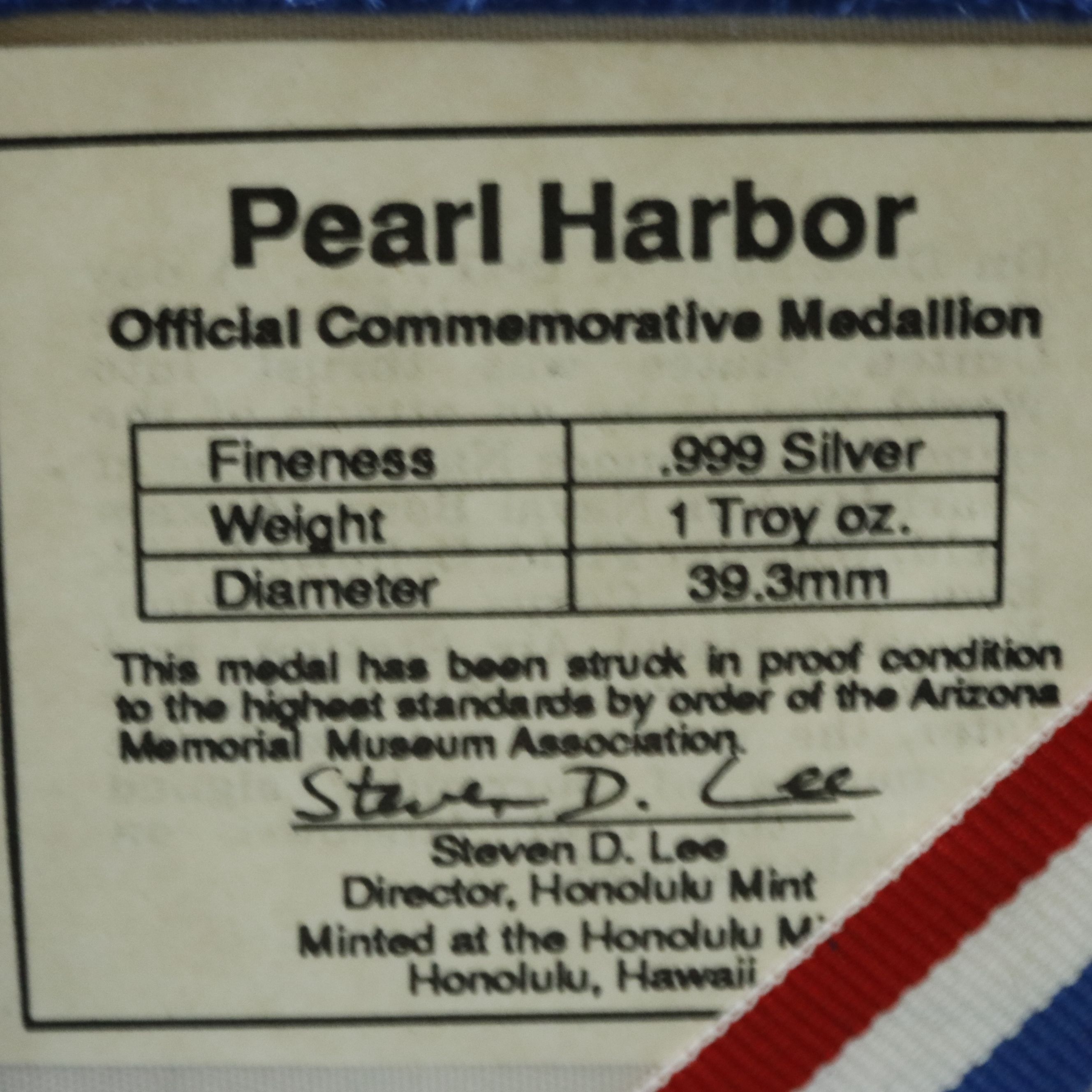 Pearl Harbor Commemorative One Troy Ounce .999 Silver Round