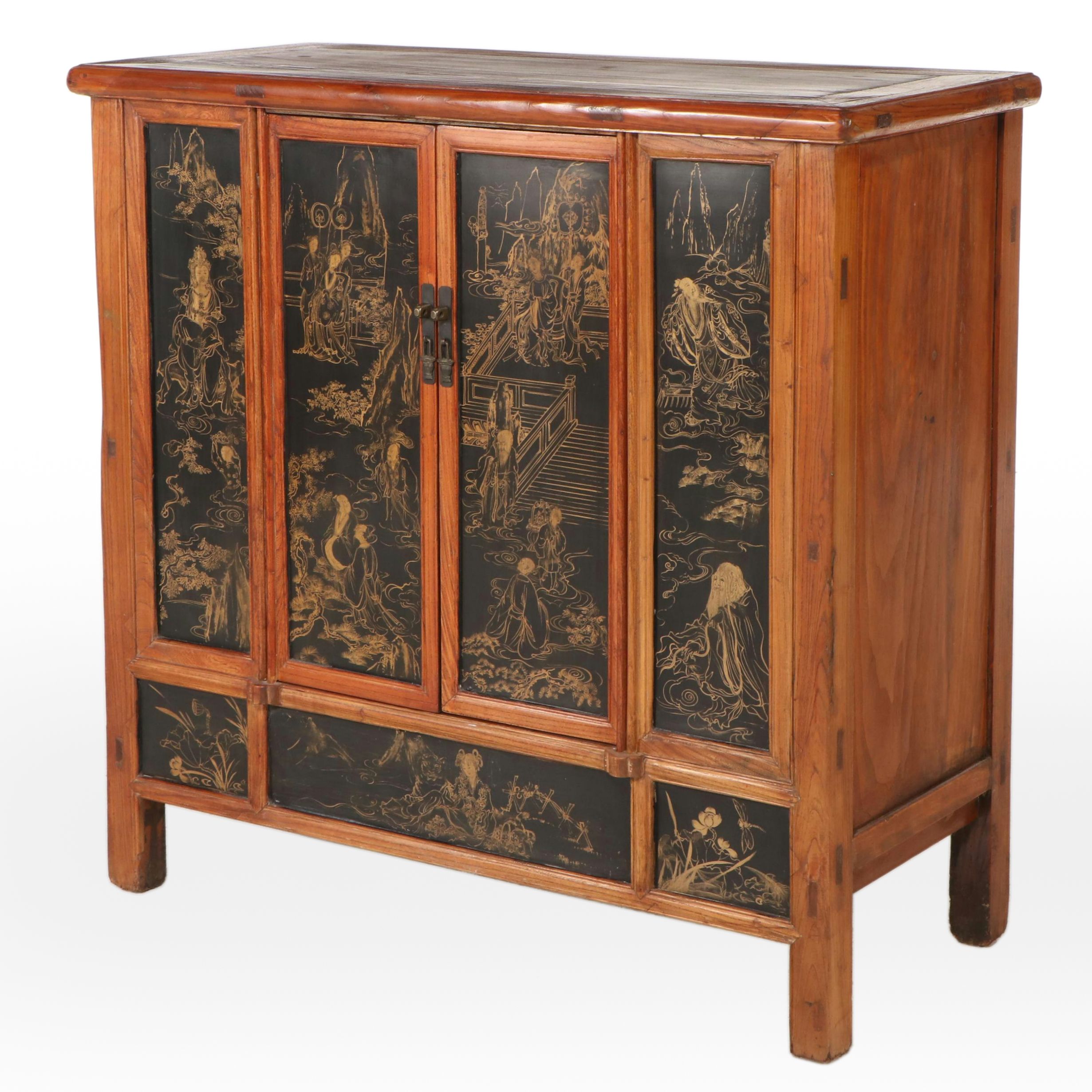 Chinese Lacquered Wood and Elm Cabinet