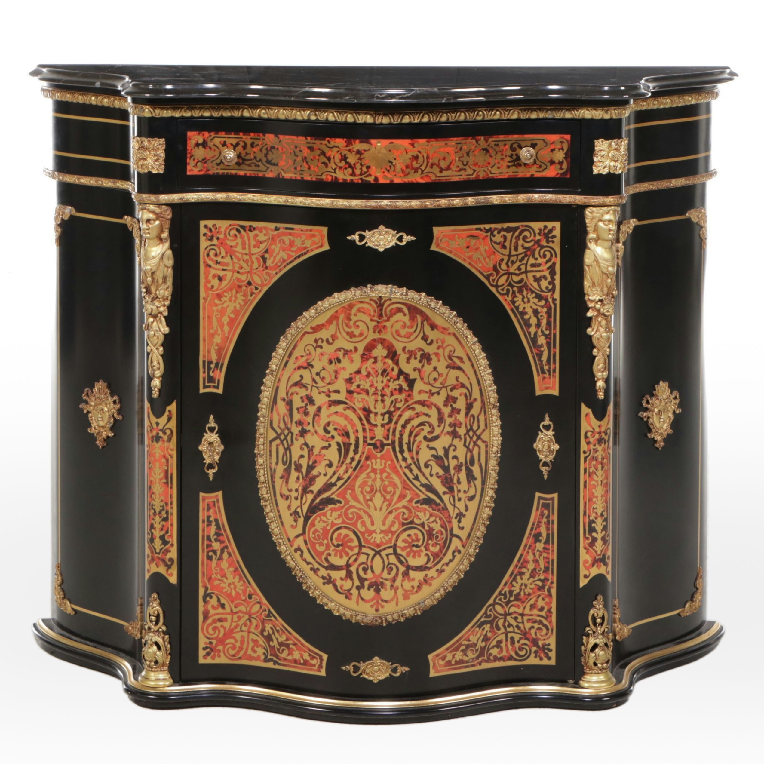 Napoleon III Style Ebonized Wood Faux Boulle Front and Ormolu Marble Top Buffet