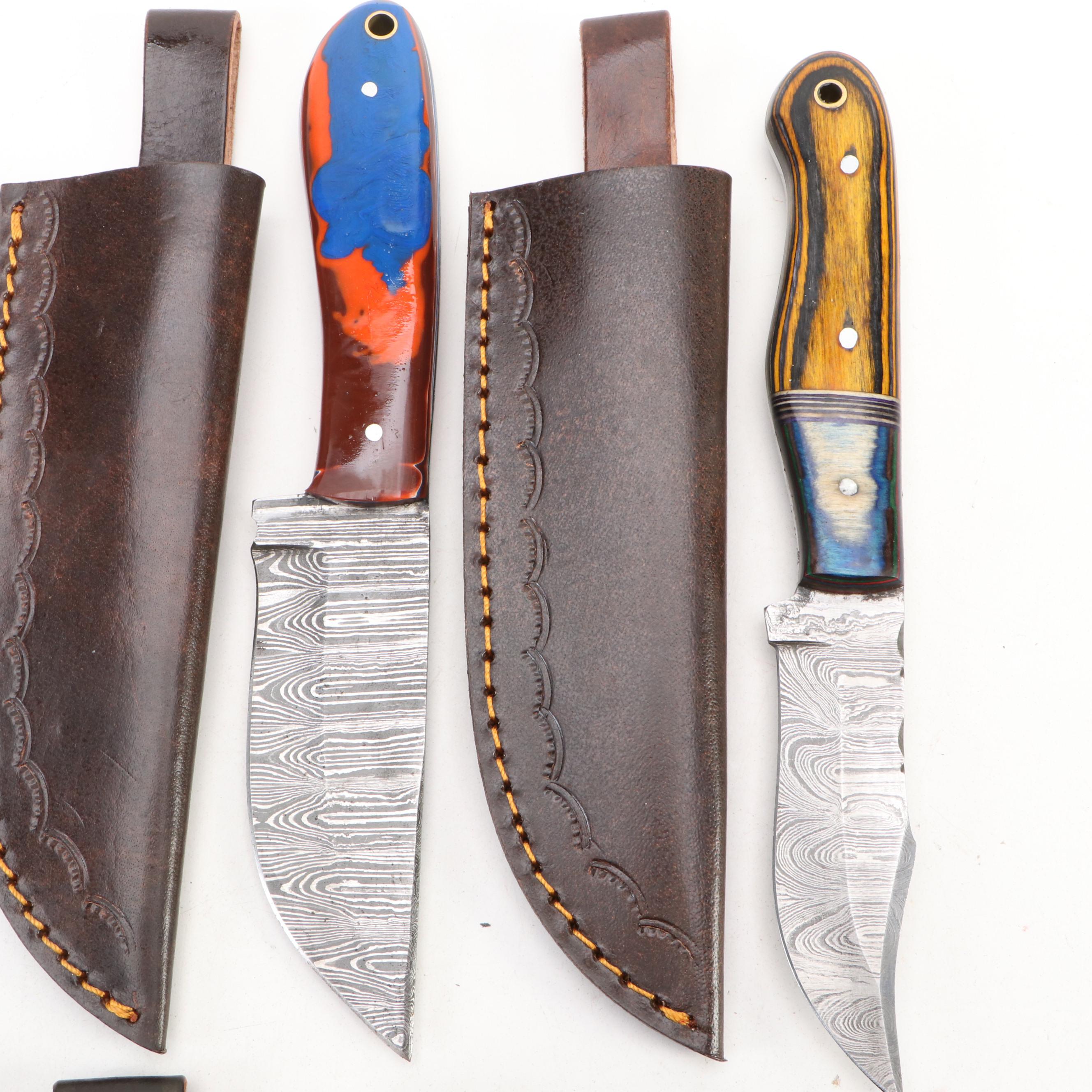Damascus Steel Hunting and Skinner Knives in Leather Scabbards
