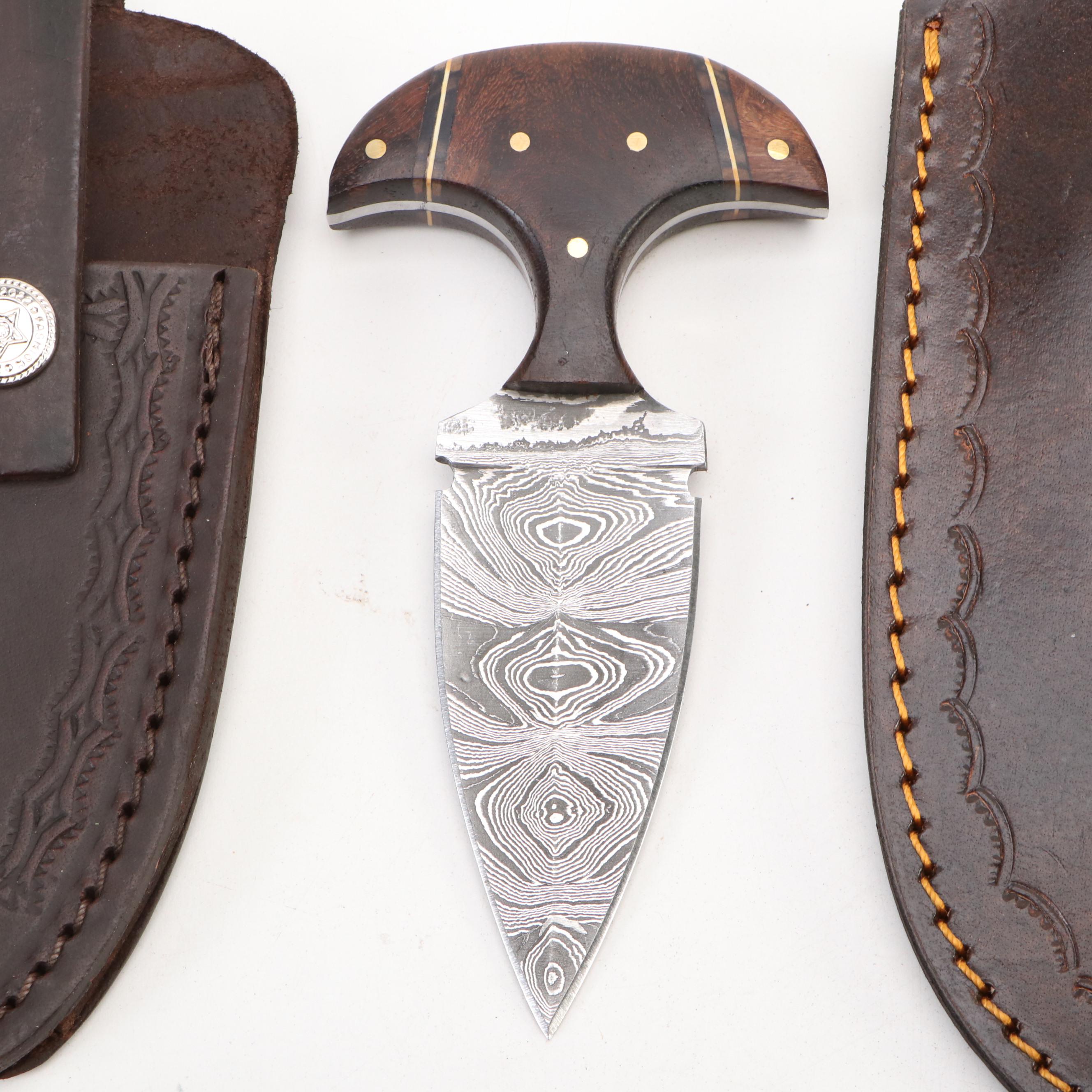 Damascus Steel Hunting and Skinner Knives in Leather Scabbards