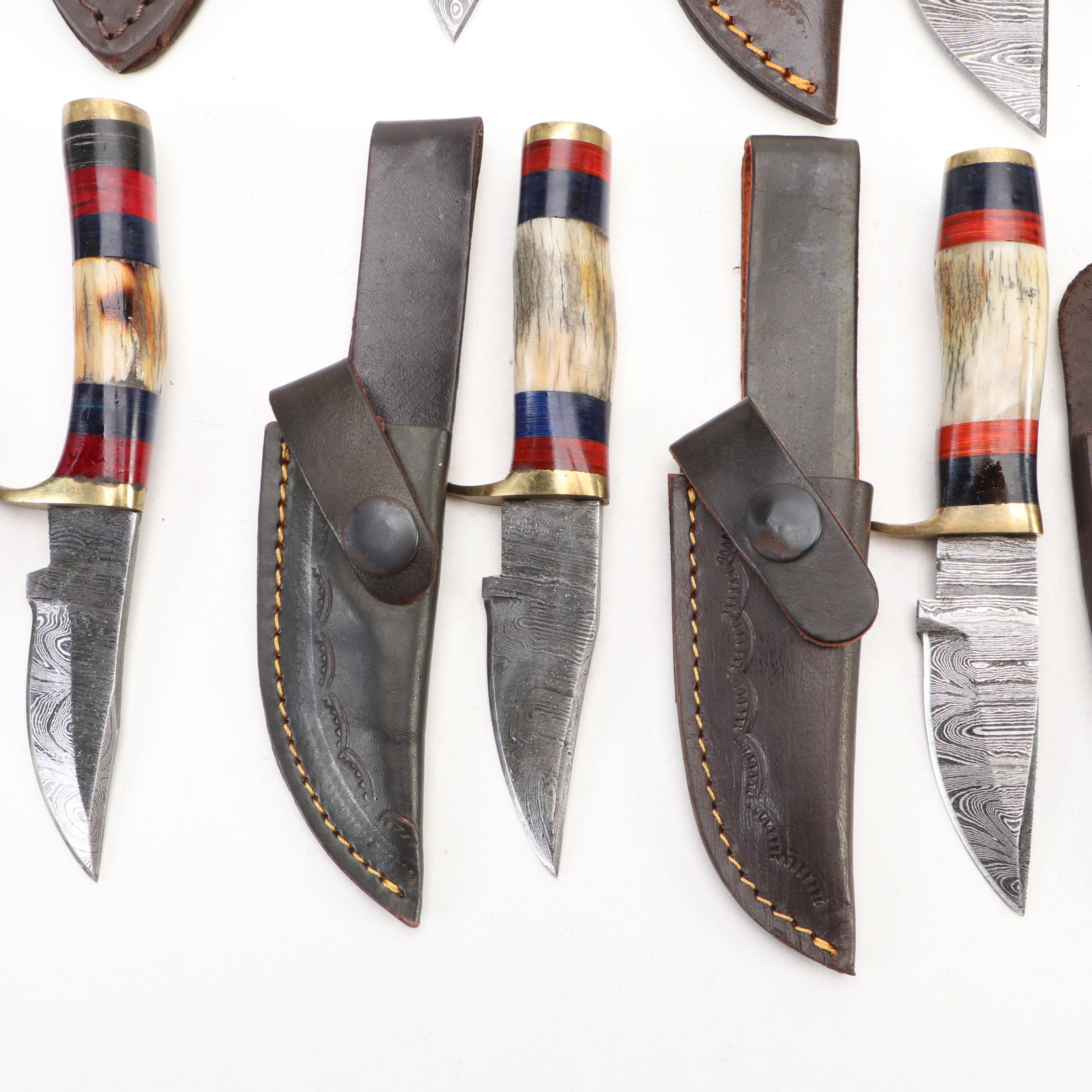 Damascus Steel Hunting and Skinner Knives in Leather Scabbards