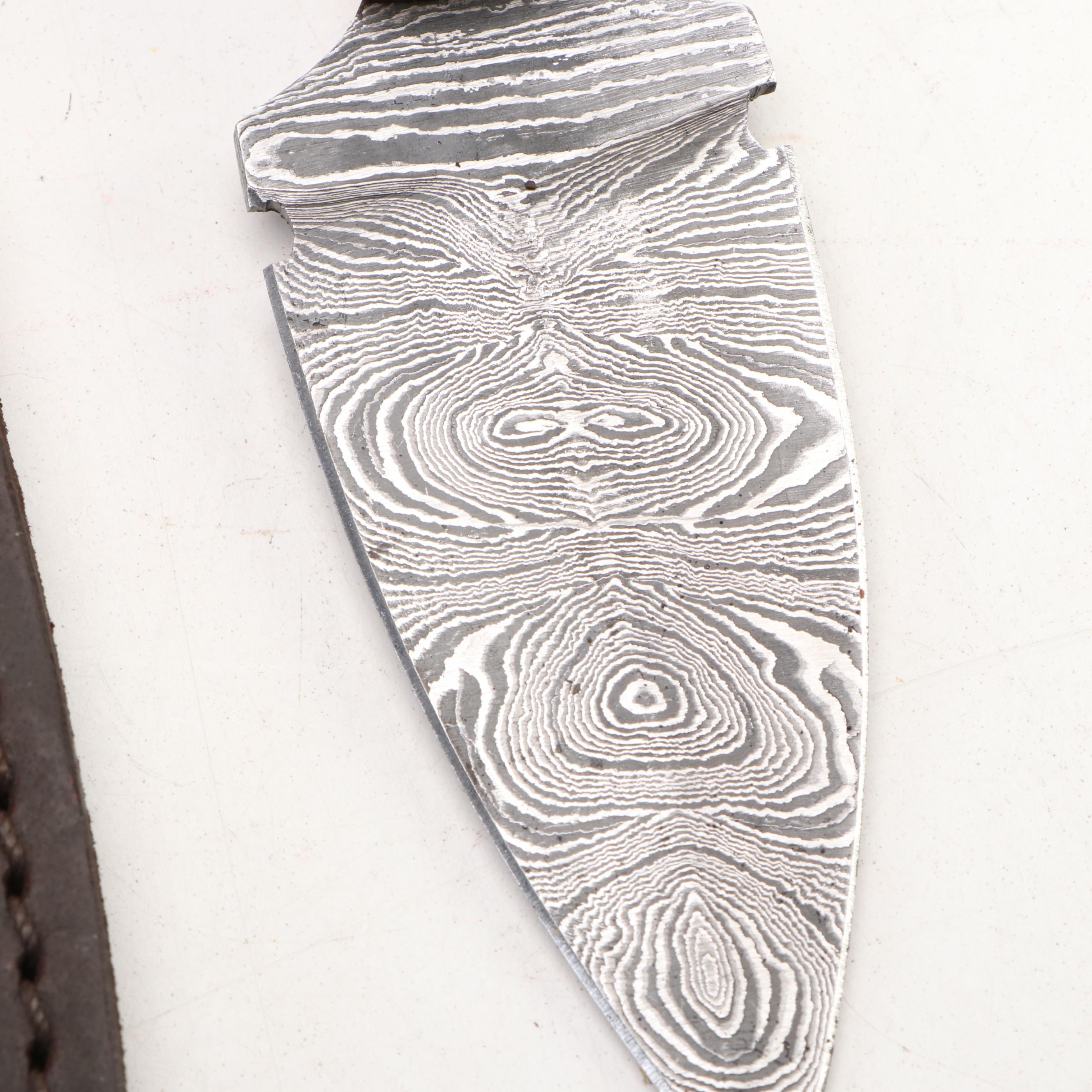 Damascus Steel Hunting and Skinner Knives in Leather Scabbards