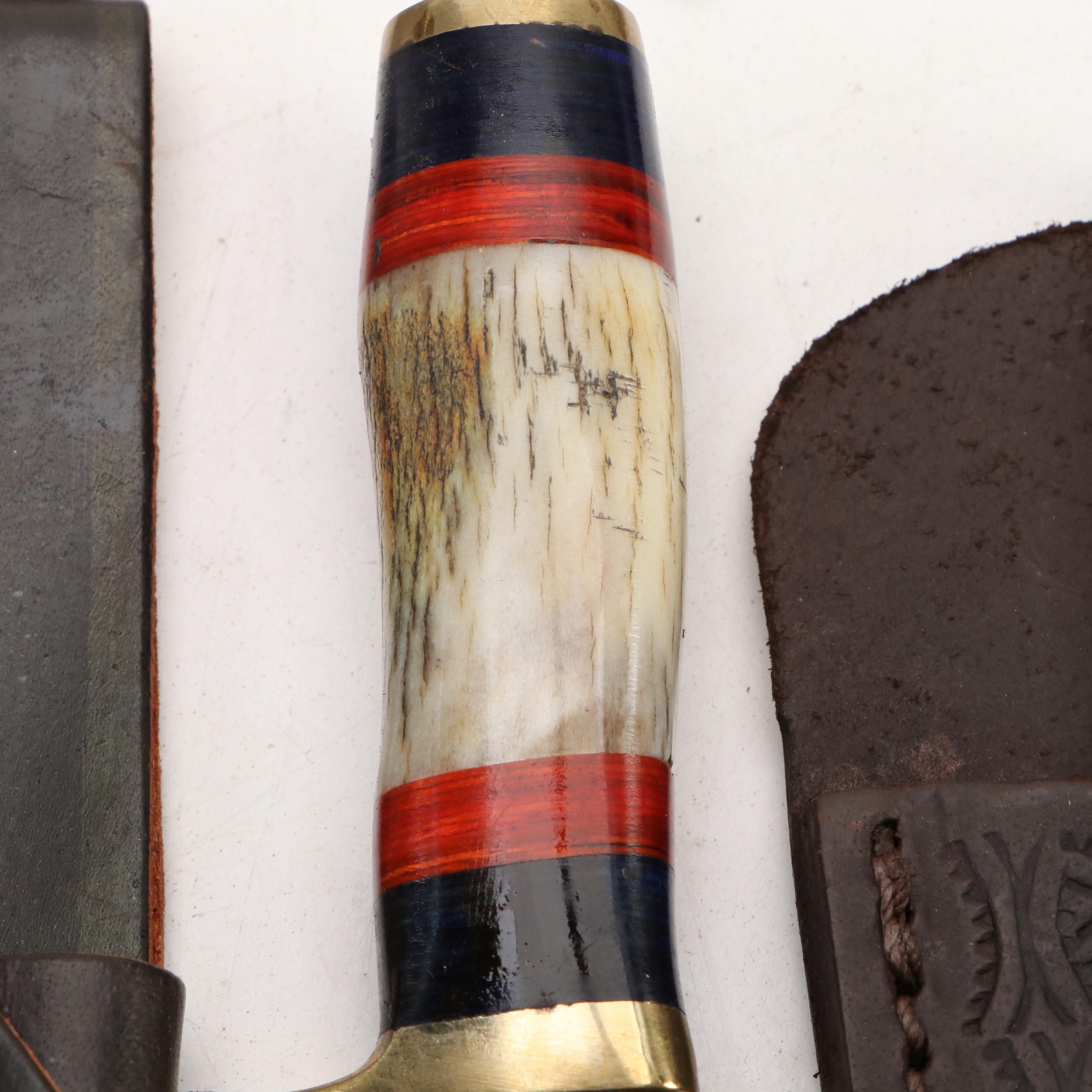 Damascus Steel Hunting and Skinner Knives in Leather Scabbards