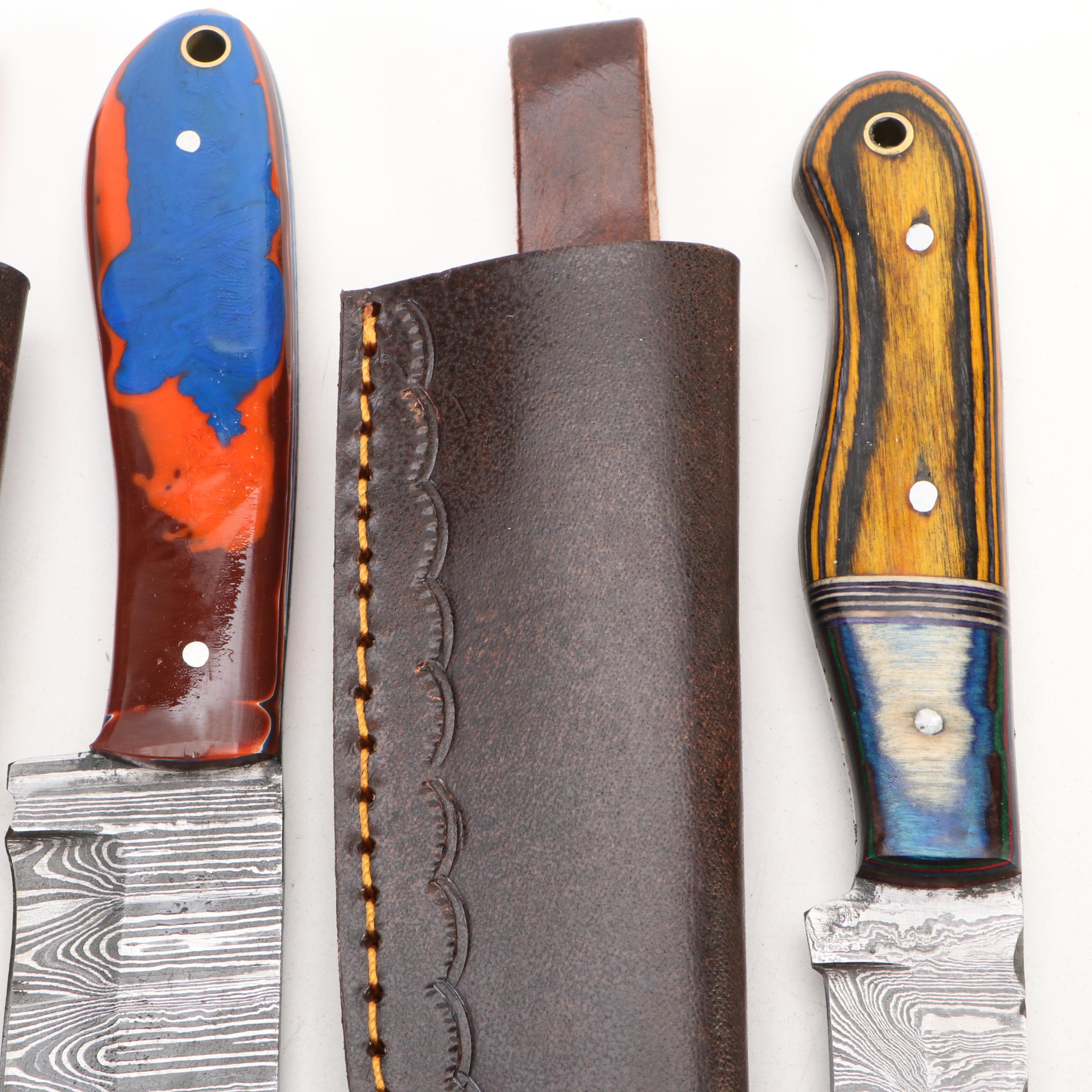 Damascus Steel Hunting and Skinner Knives in Leather Scabbards