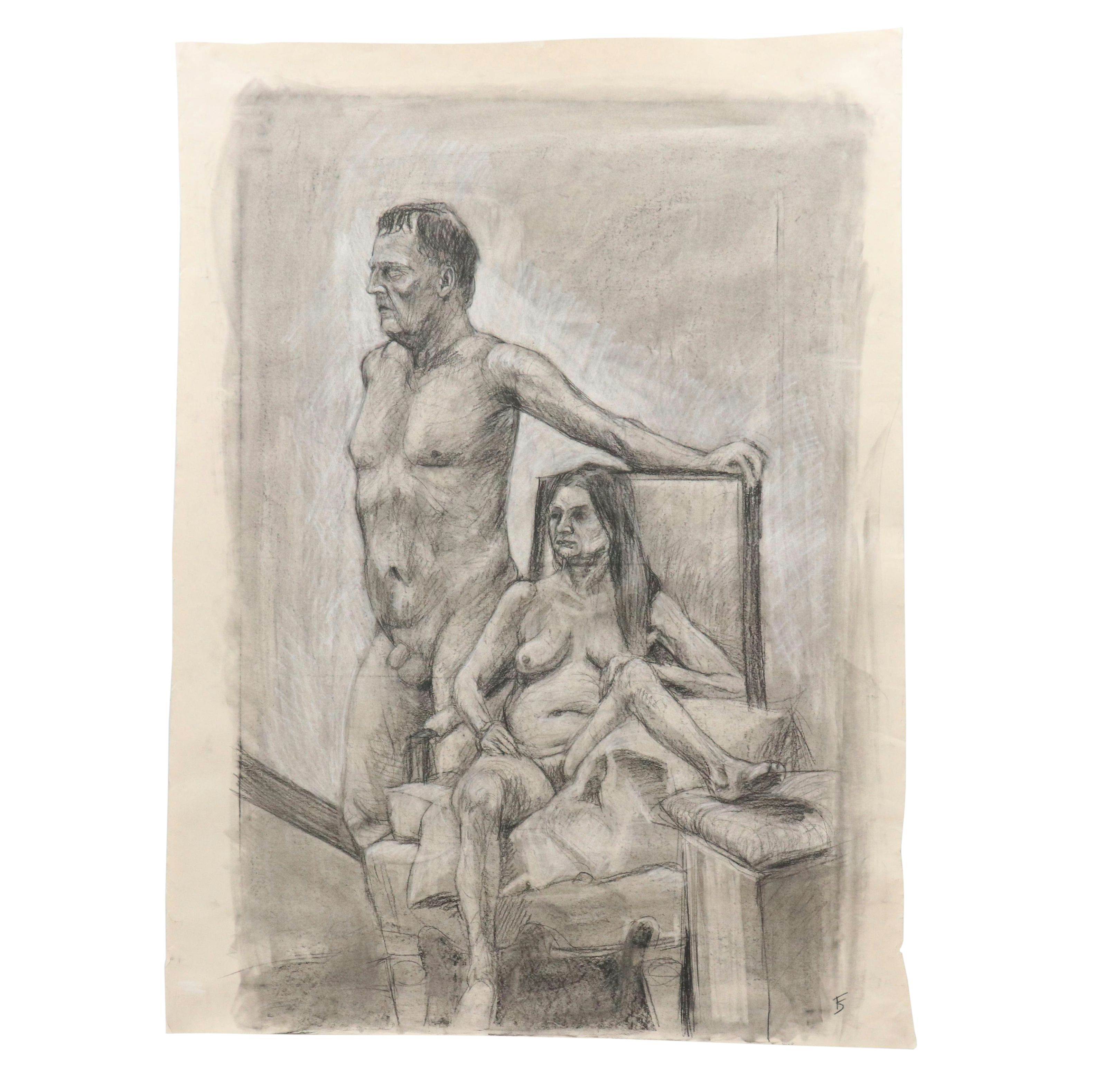 Ben Farrell Charcoal Drawing of Nude Figure Study, 2010s