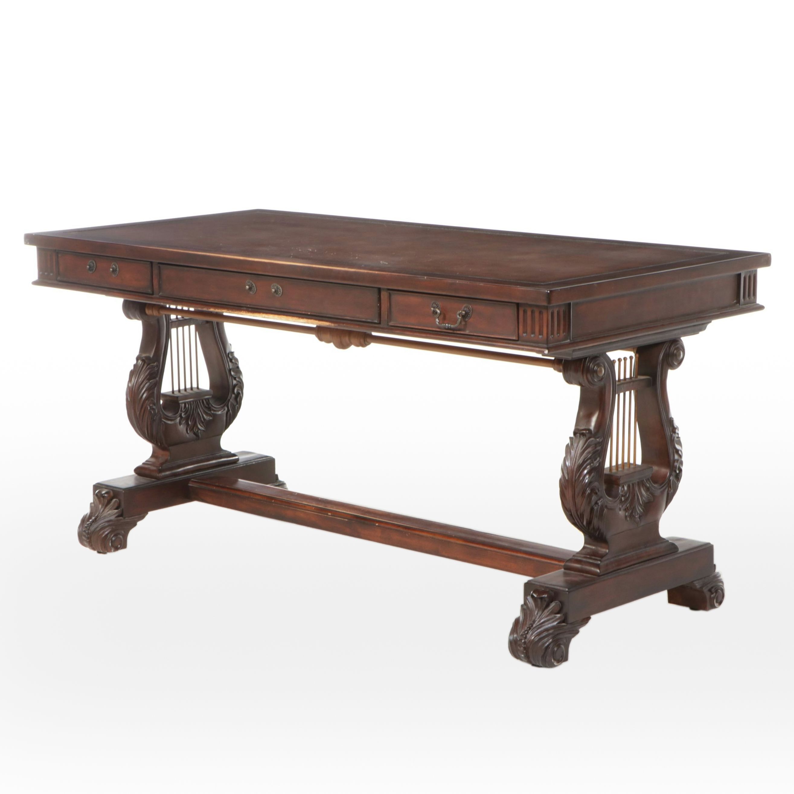 Duncan Phyfe Style Walnut Finish Lyre Leg Computer Desk