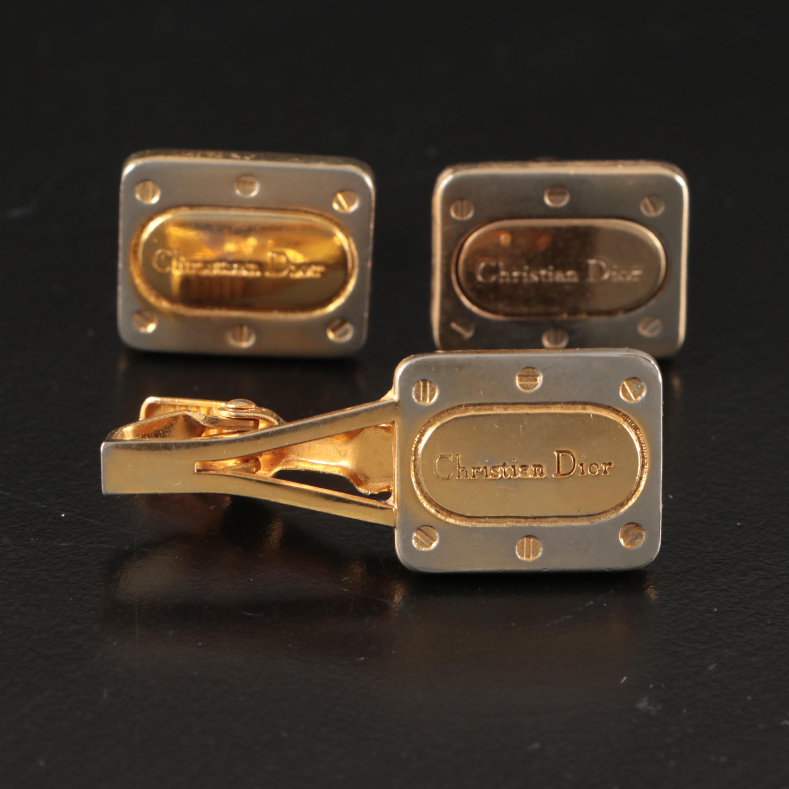 Christian Dior Monogram Cuff Links and Tie Clip