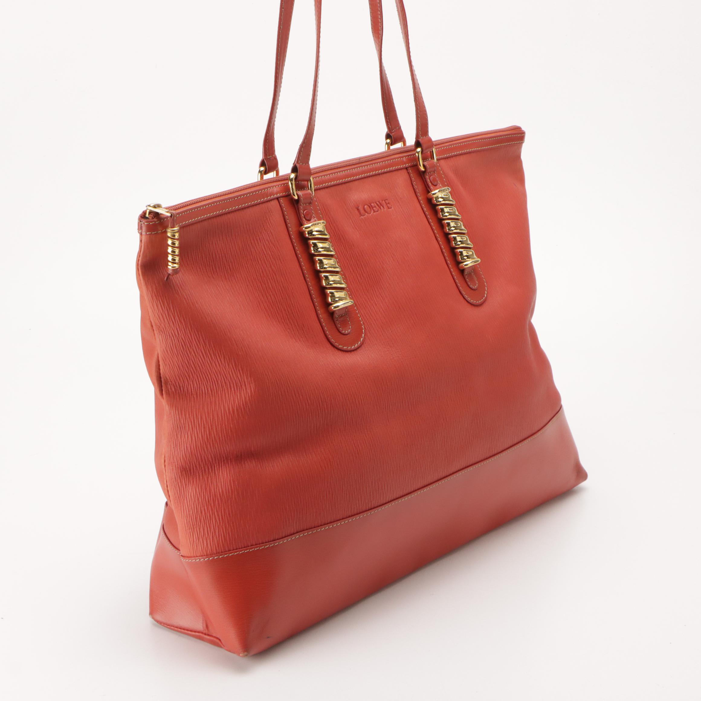 Loewe Large Zippered Shoulder Tote in Vermillion Textured and Smooth Leather