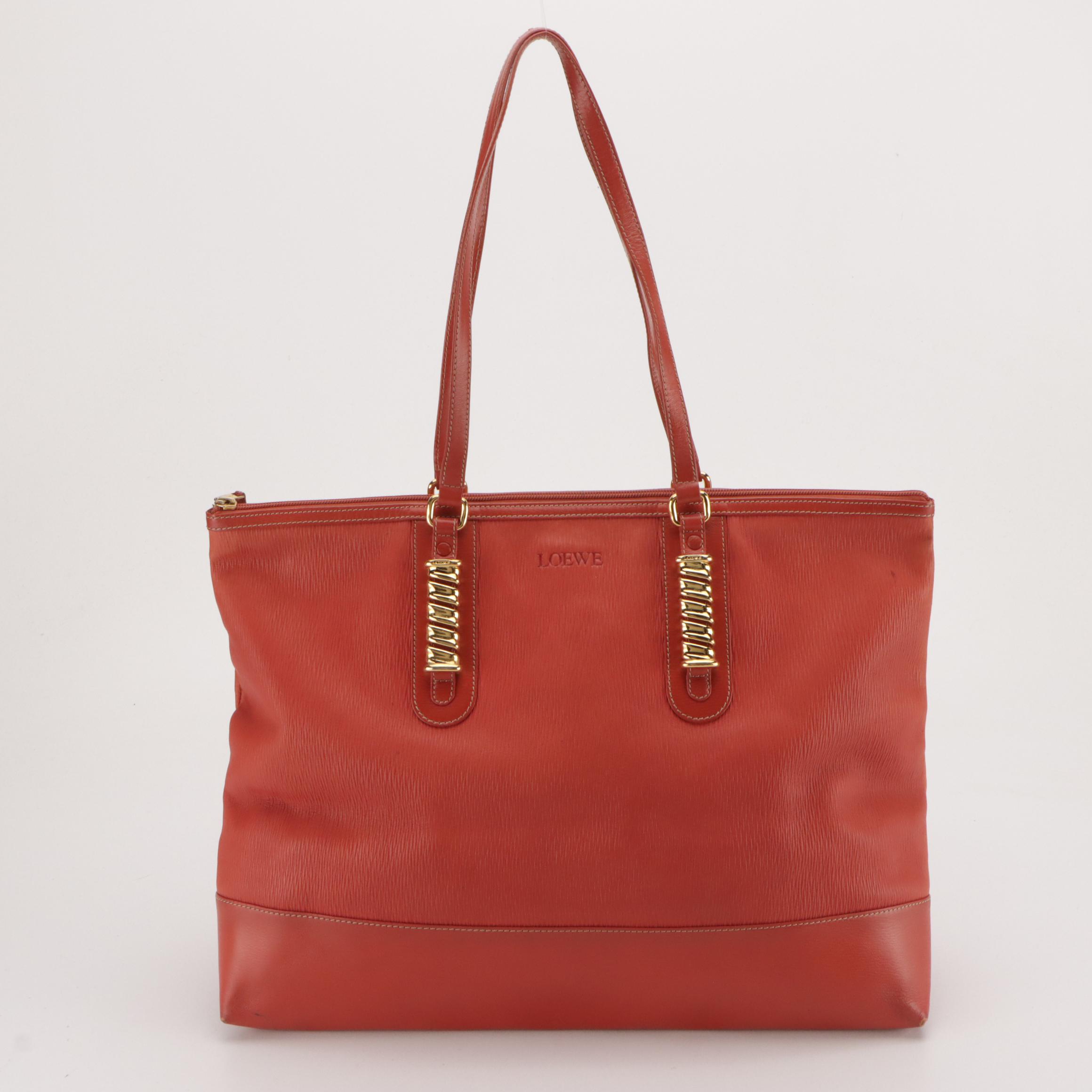 Loewe Large Zippered Shoulder Tote in Vermillion Textured and Smooth Leather