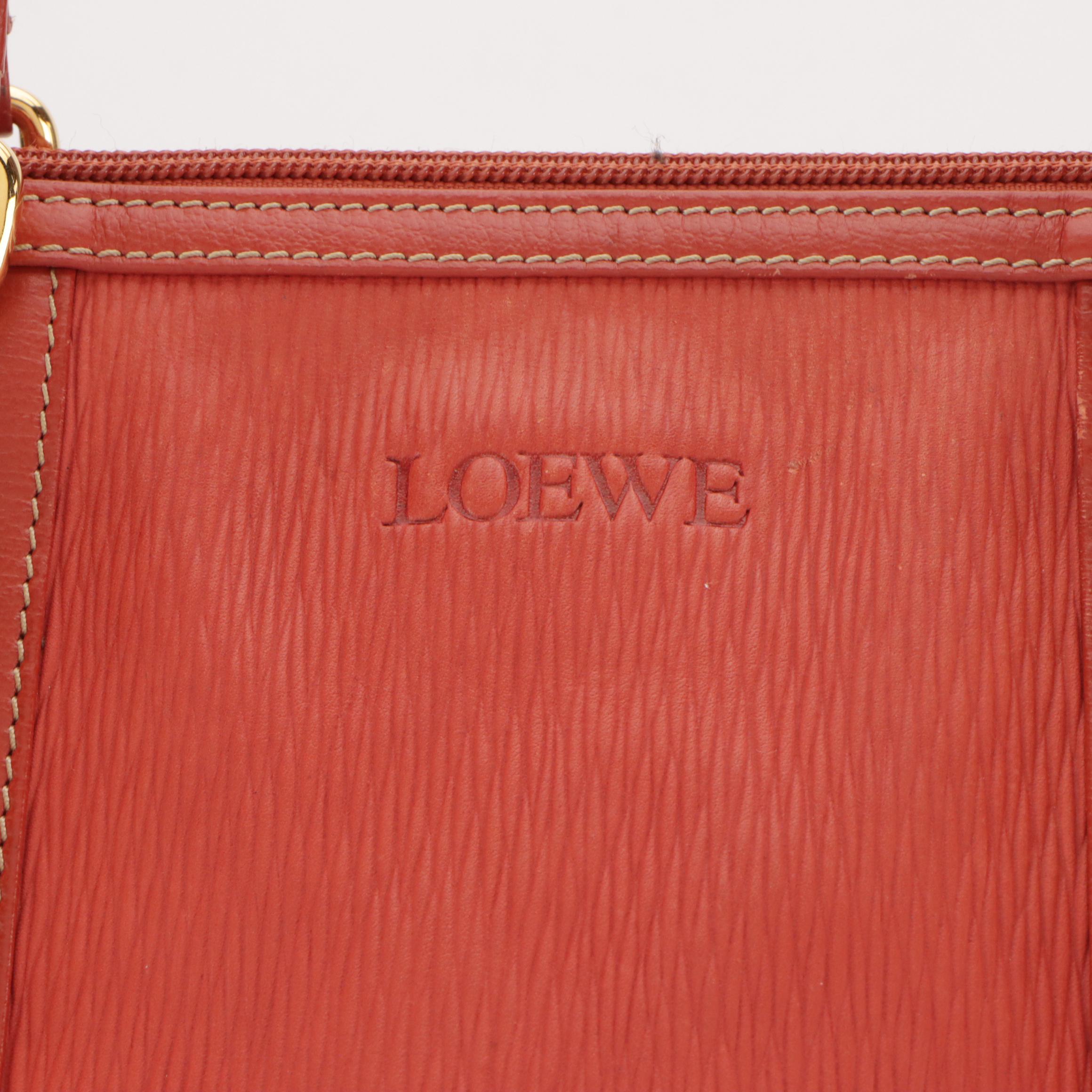 Loewe Large Zippered Shoulder Tote in Vermillion Textured and Smooth Leather
