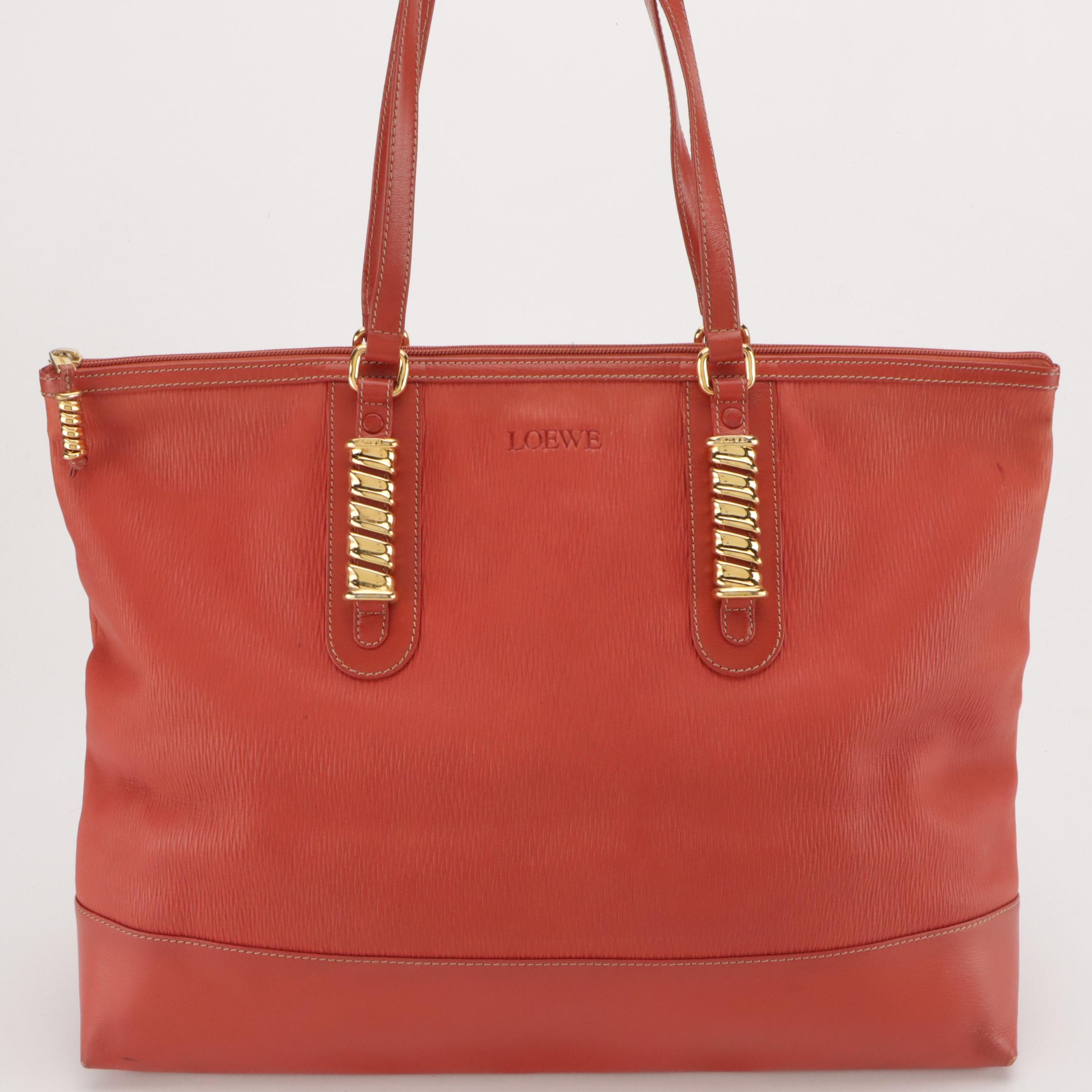 Loewe Large Zippered Shoulder Tote in Vermillion Textured and Smooth Leather