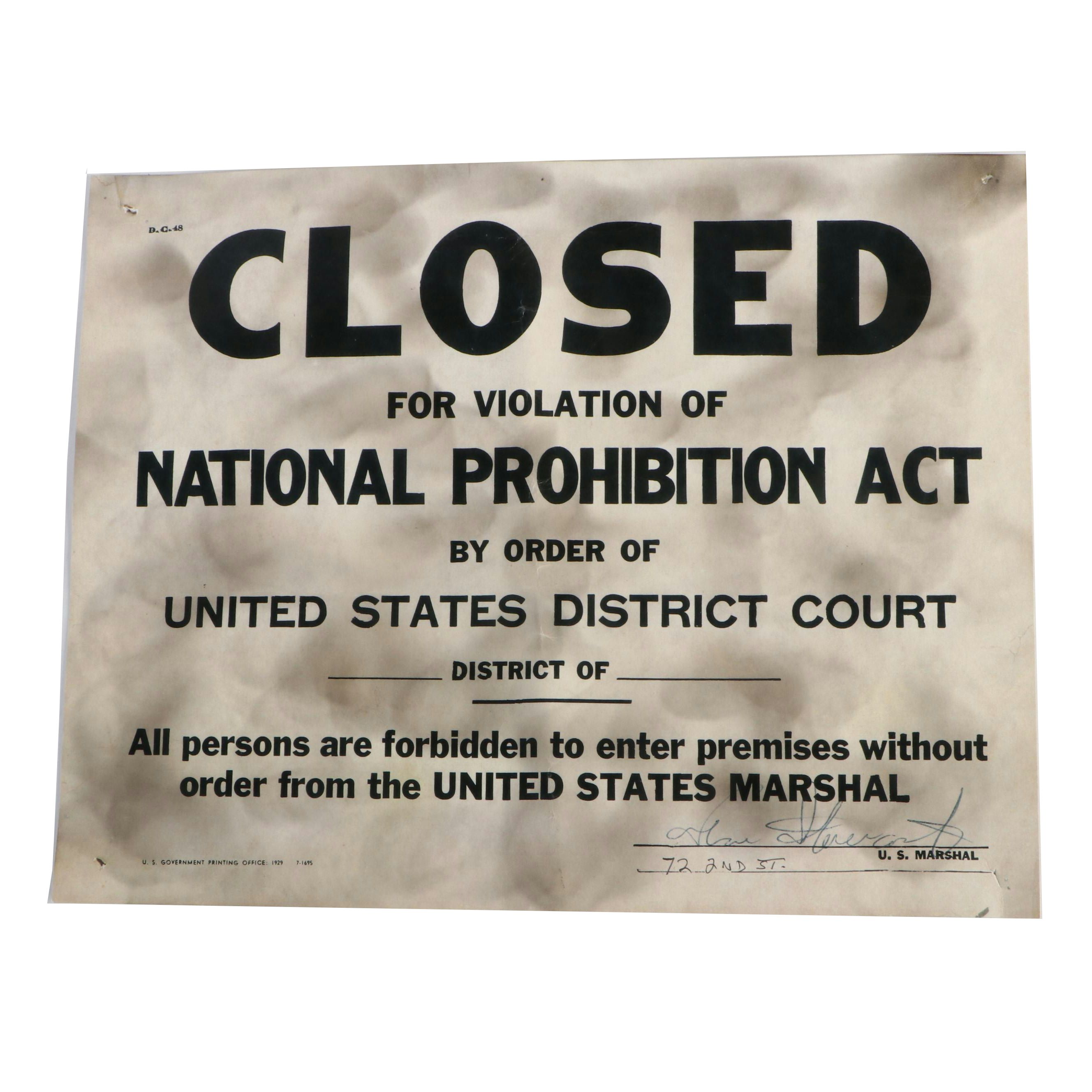 "Closed for Violation of National Prohibition Act" Paper Sign