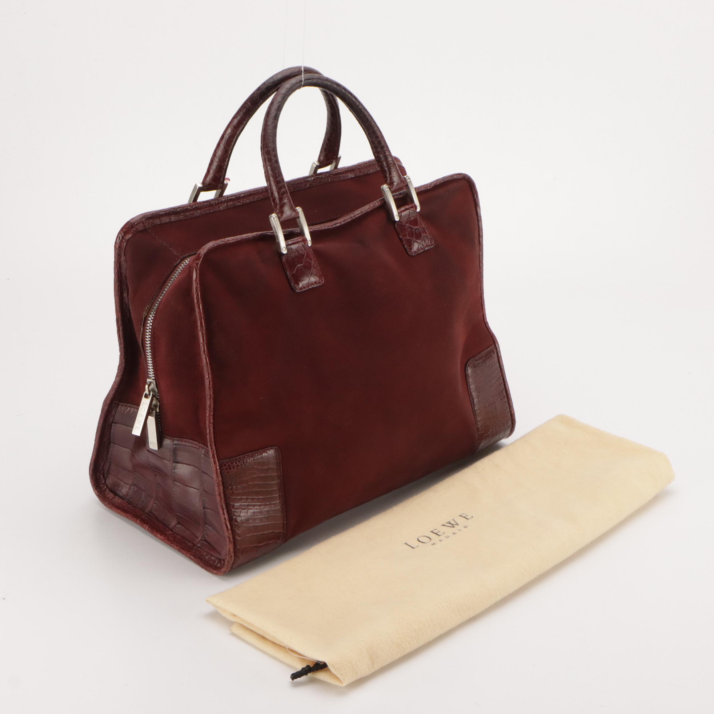Loewe Amazona Handbag in Maroon Suede and Crocodile Leather Trim