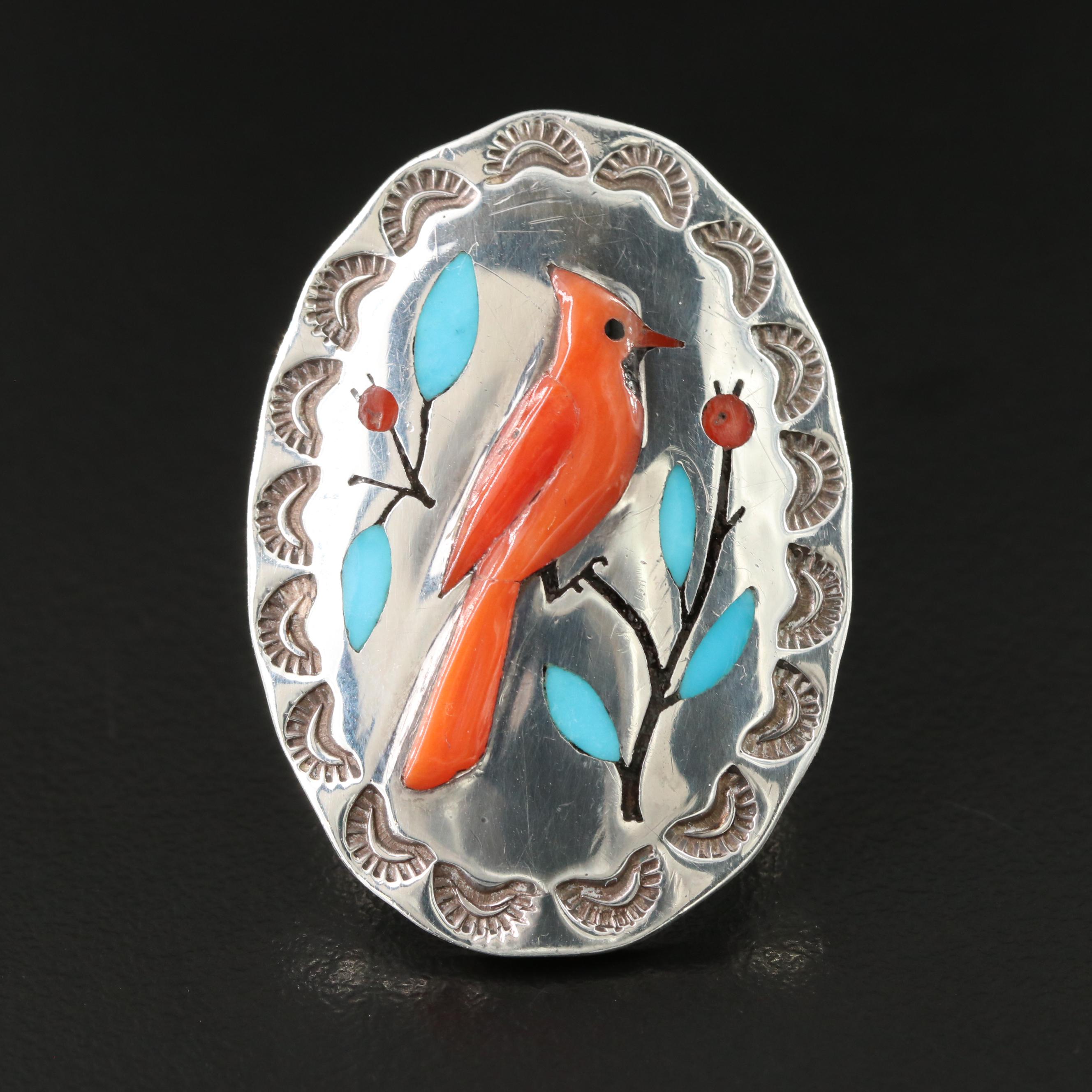 Roland Eustace Zuni Sterling Coral and Turquoise Gemstone Inlay Cardinal Ring
