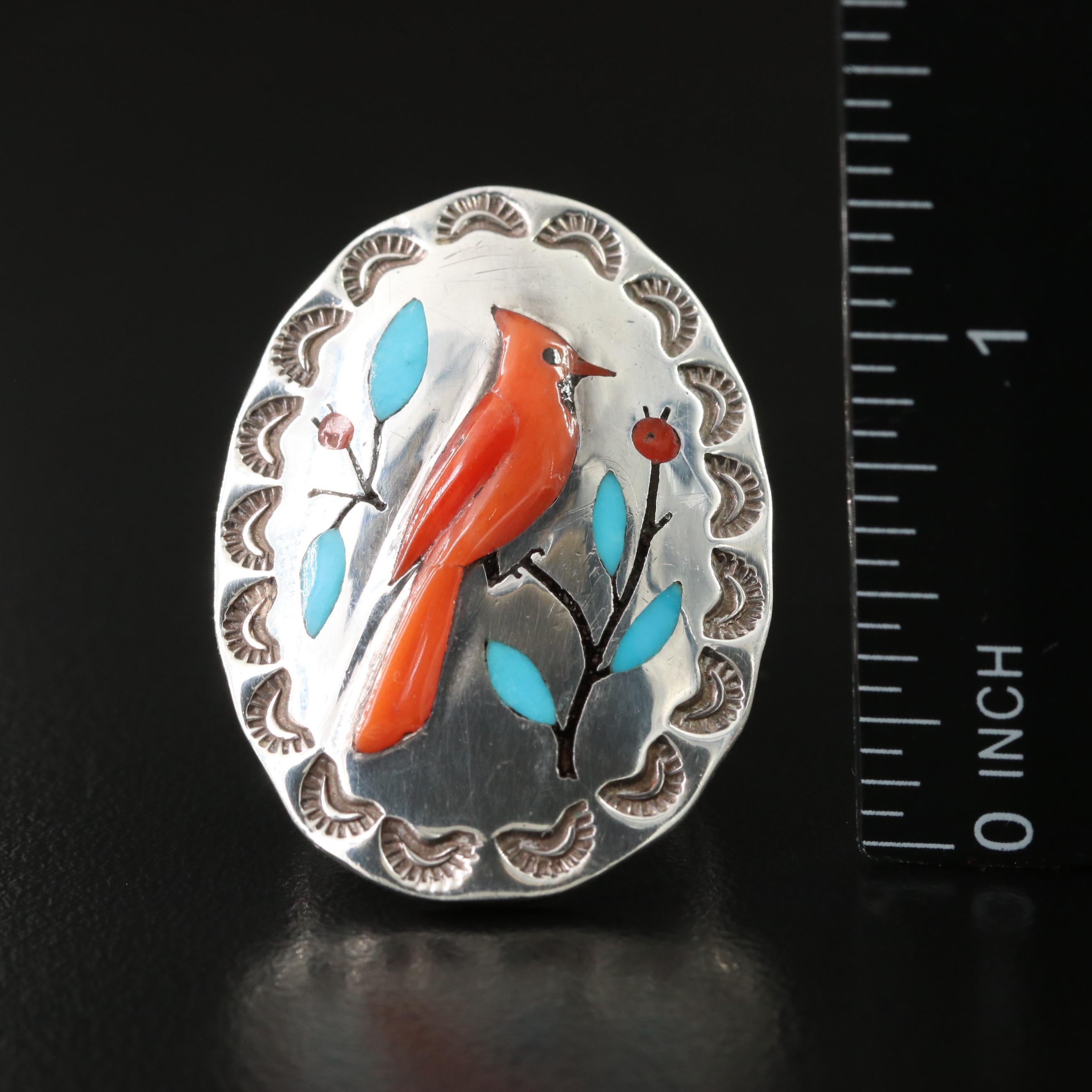 Roland Eustace Zuni Sterling Coral and Turquoise Gemstone Inlay Cardinal Ring