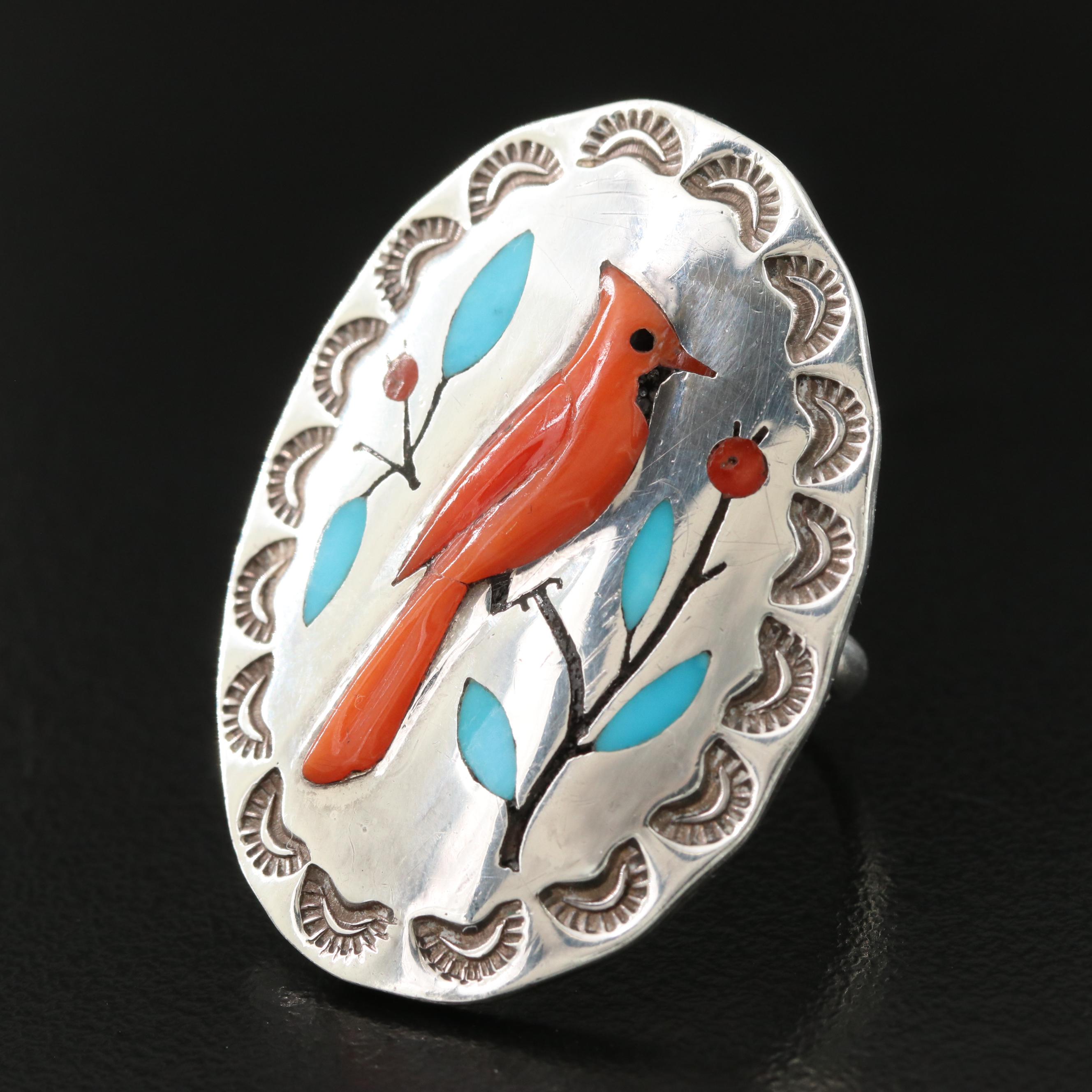 Roland Eustace Zuni Sterling Coral and Turquoise Gemstone Inlay Cardinal Ring
