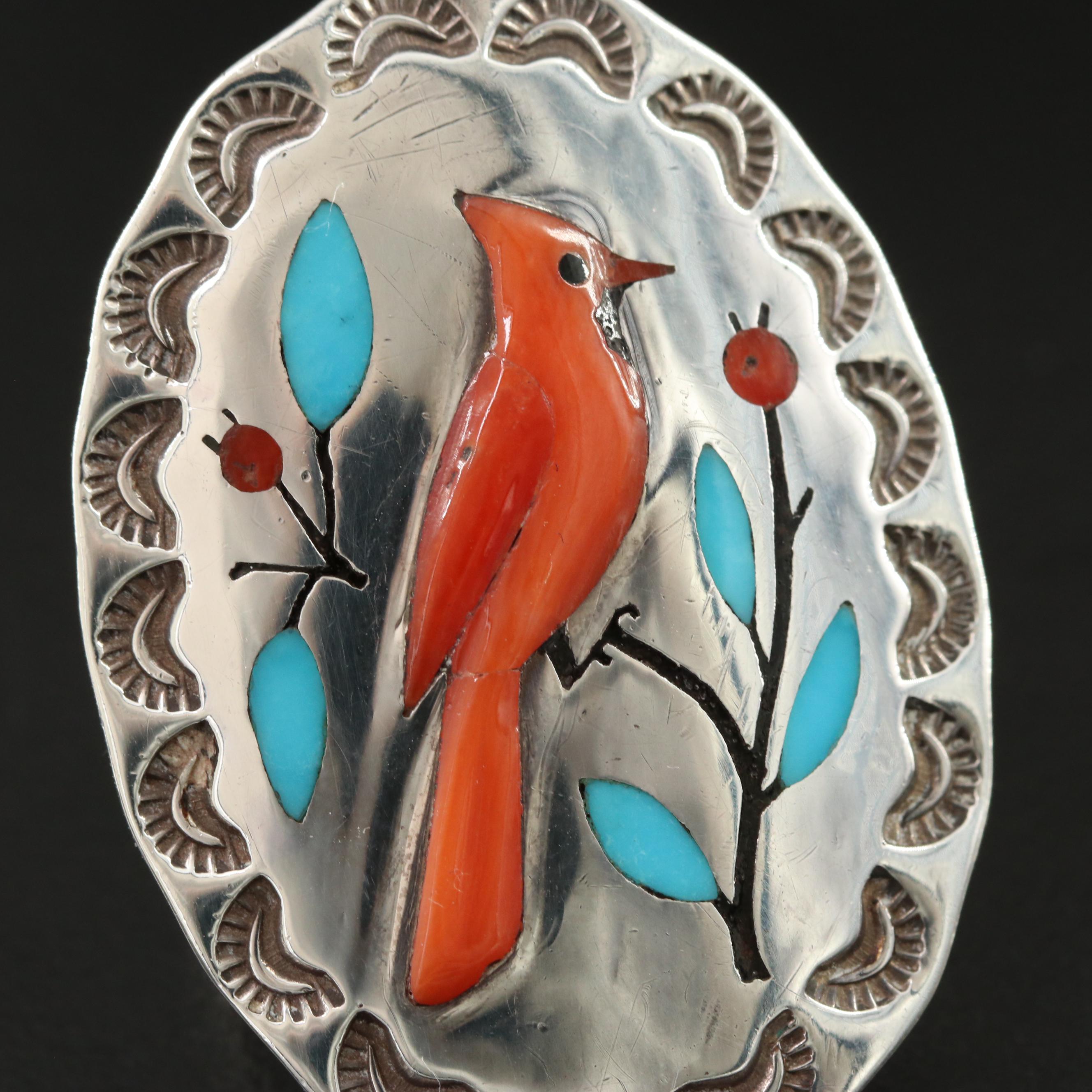 Roland Eustace Zuni Sterling Coral and Turquoise Gemstone Inlay Cardinal Ring